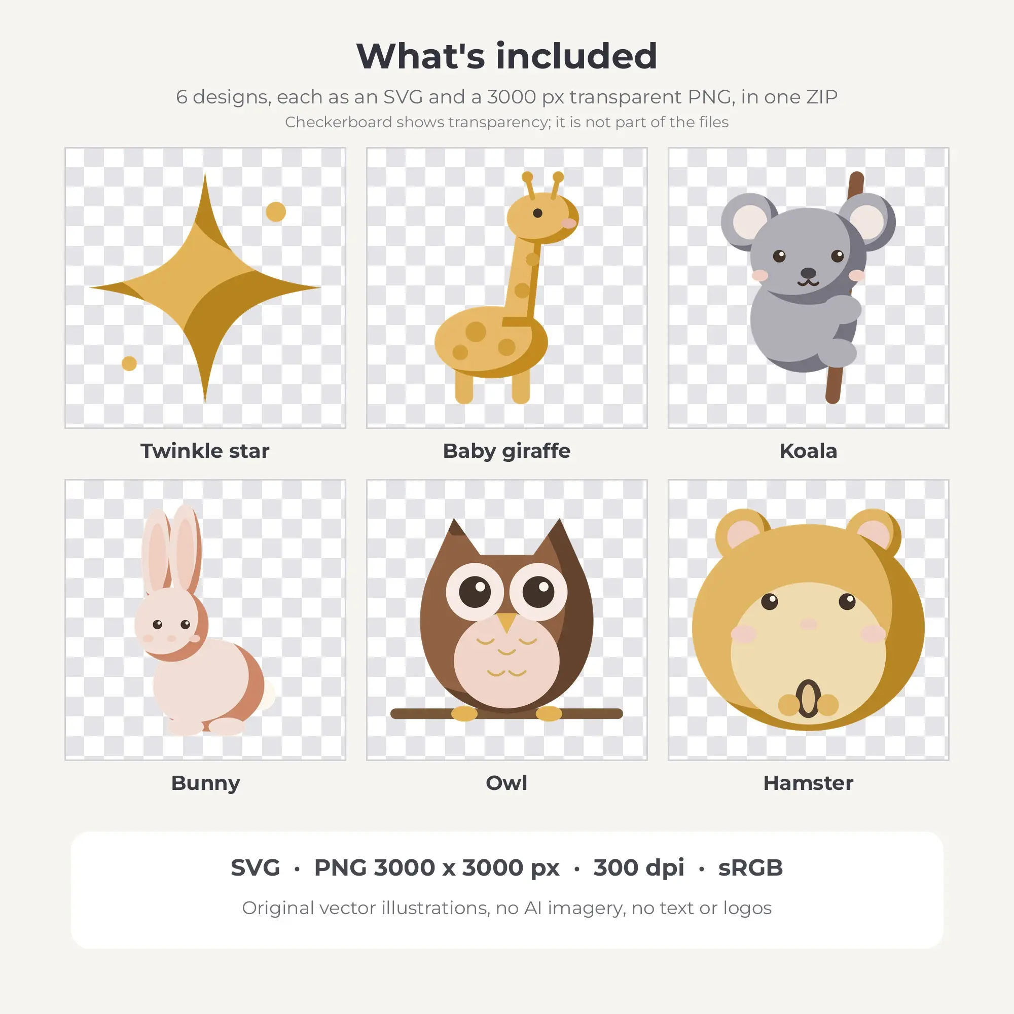 Baby Animal Nursery SVG Clipart Pack, Flat Color Style - 6 Designs, preview 2 of 2