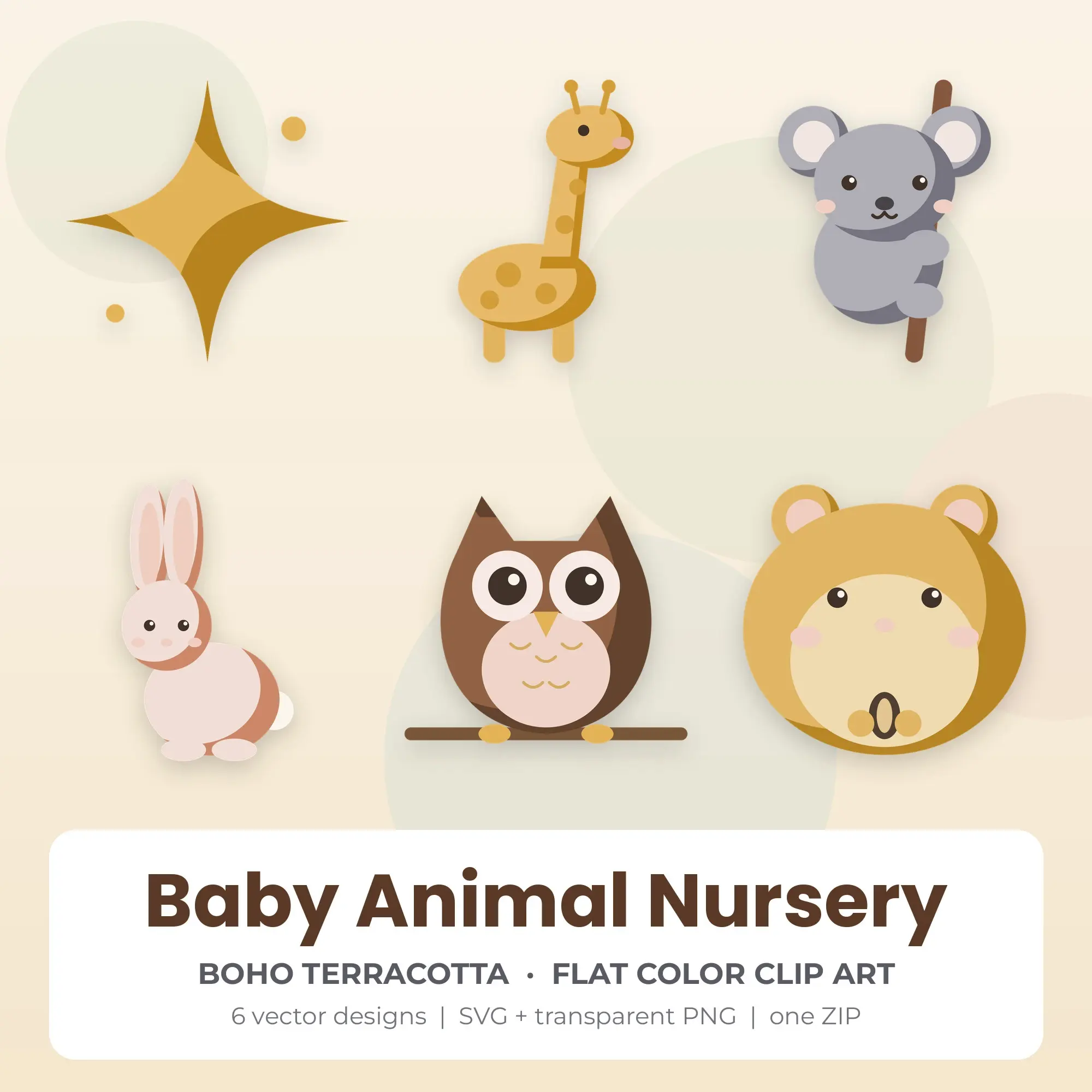 Baby Animal Nursery SVG Clipart Pack, Flat Color Style - 6 Designs, preview 1 of 2