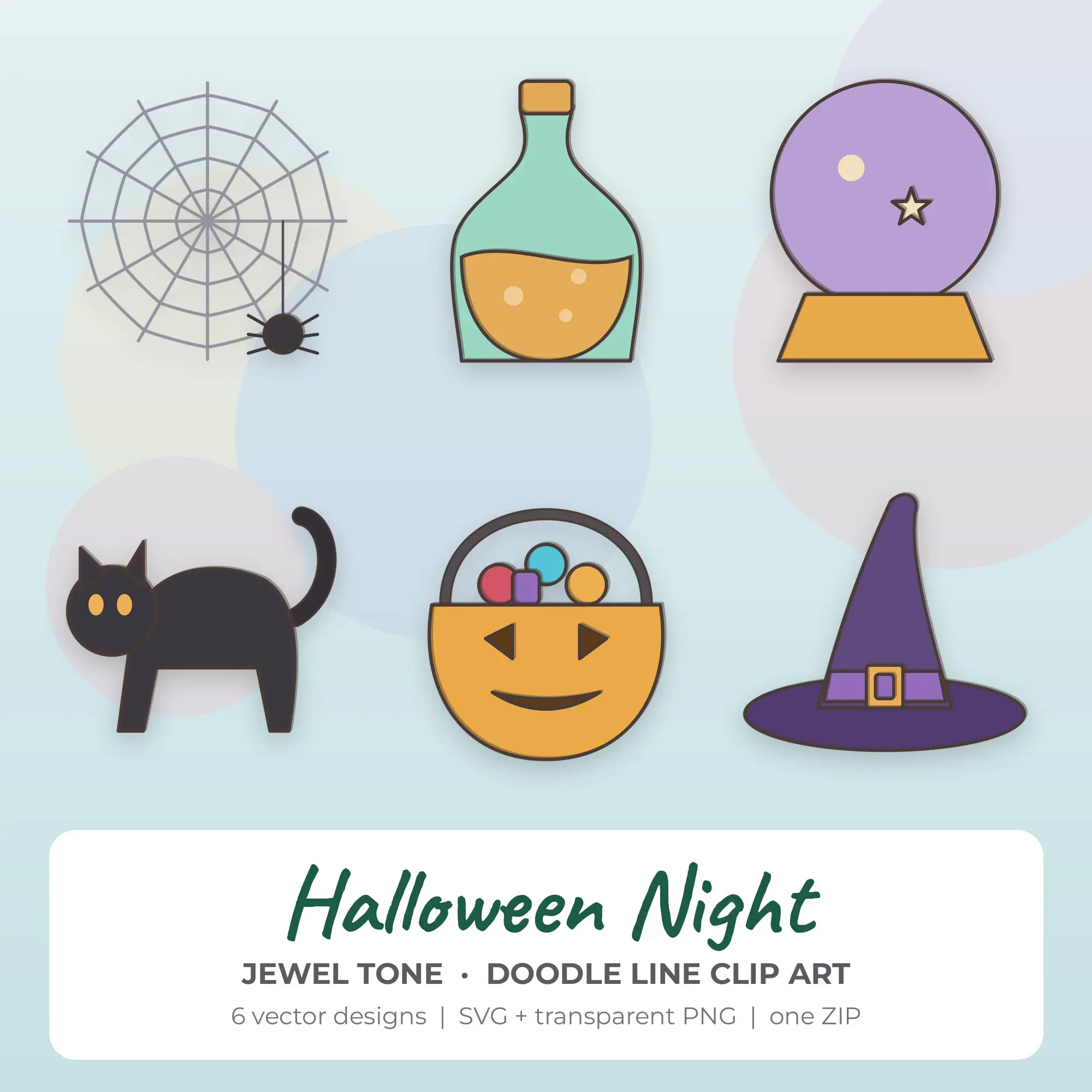 Halloween Night Clipart, Jewel Tone Doodle Line - 6 SVG PNG preview