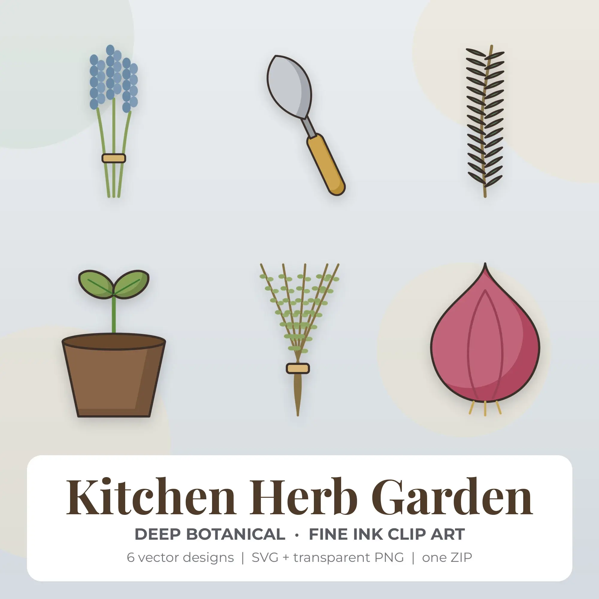 Kitchen Herb Garden SVG Clipart Pack, Fine Ink Style - 6 Designs preview