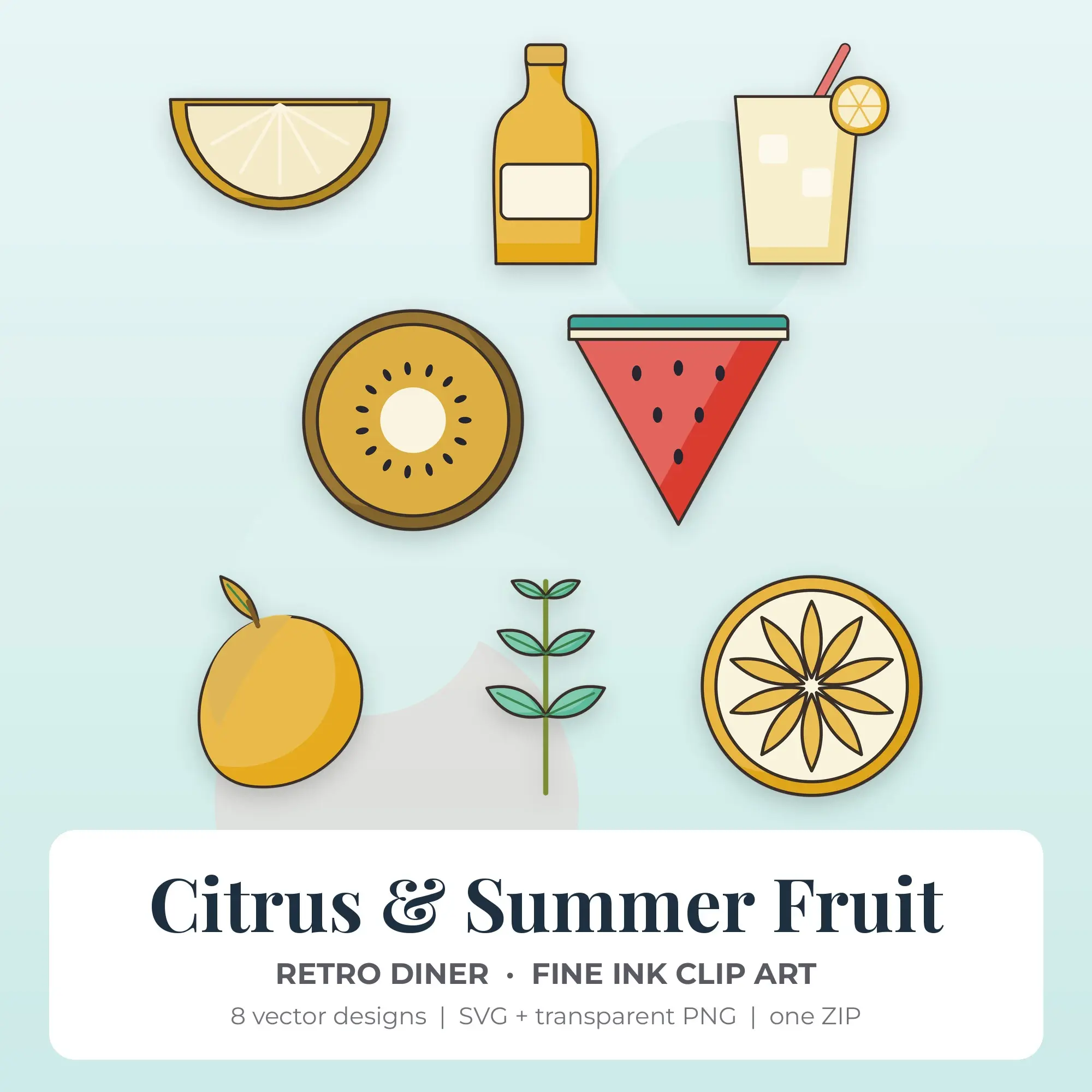 Citrus & Summer Fruit Clipart, Retro Diner Fine Ink - 8 SVG PNG preview