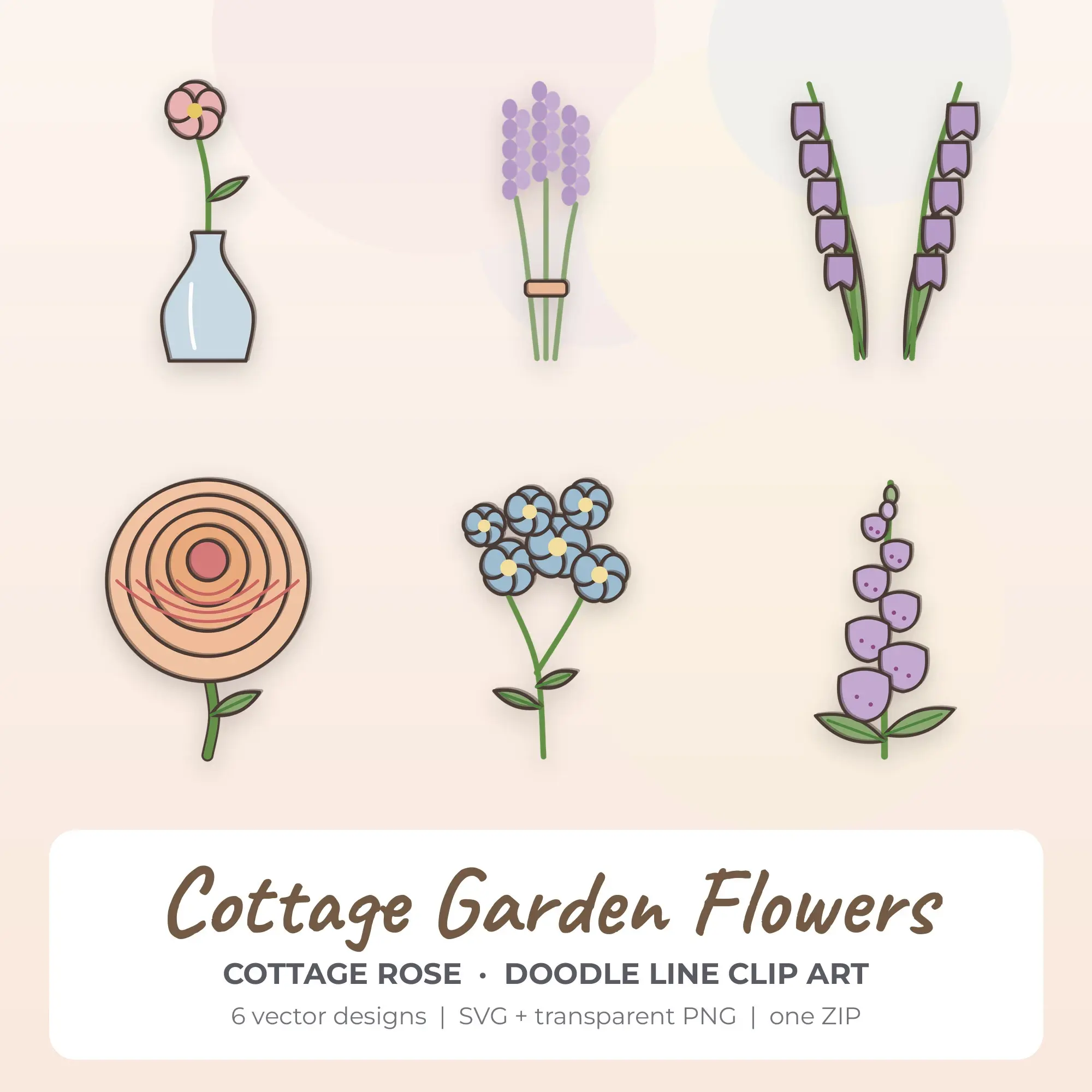 Cottage Garden Flowers Vector Clip Art in Cottage Rose - 6 Designs preview