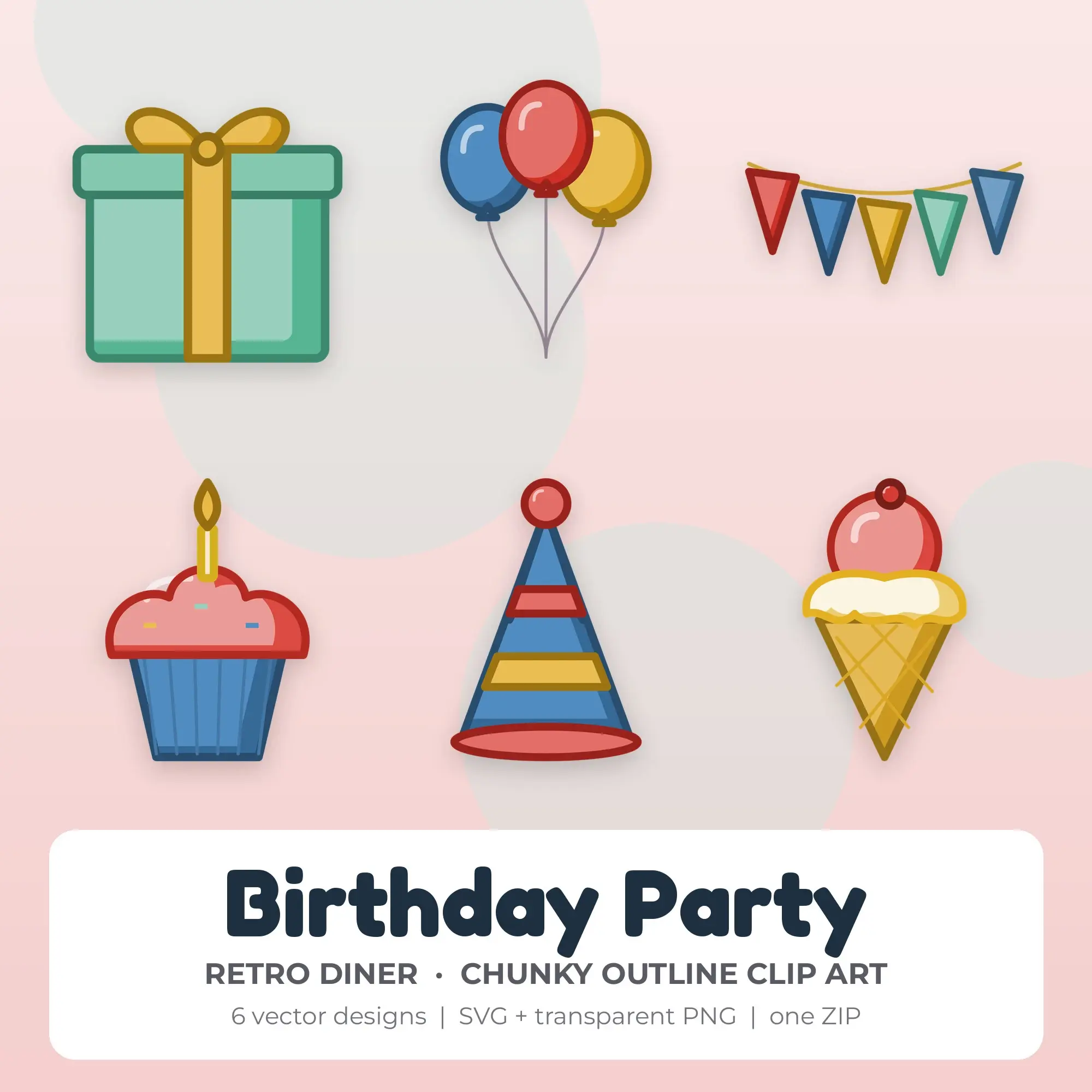 6 Chunky Outline Birthday Party Clipart Illustrations, SVG PNG, preview 1 of 2