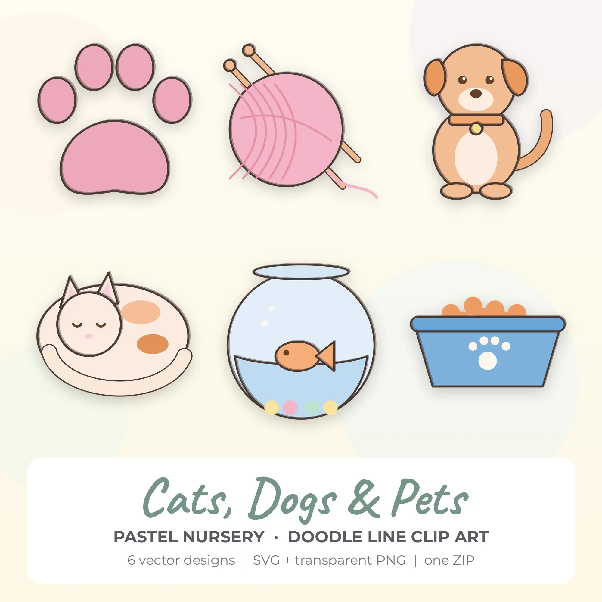 6 Doodle Line Cats, Dogs & Pets Clipart Illustrations, SVG PNG preview
