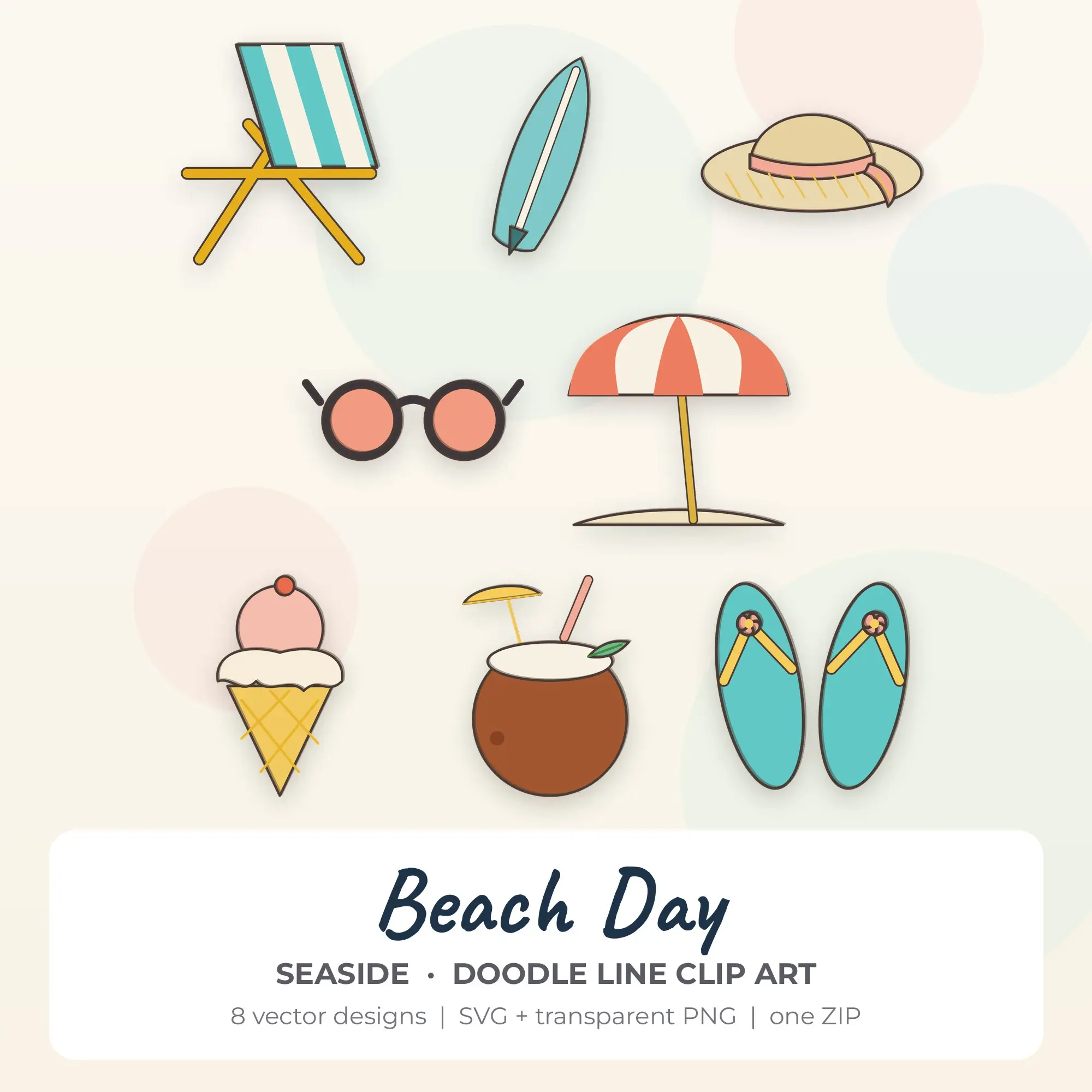 Beach Day SVG Clipart Pack, Doodle Line Style - 8 Designs preview