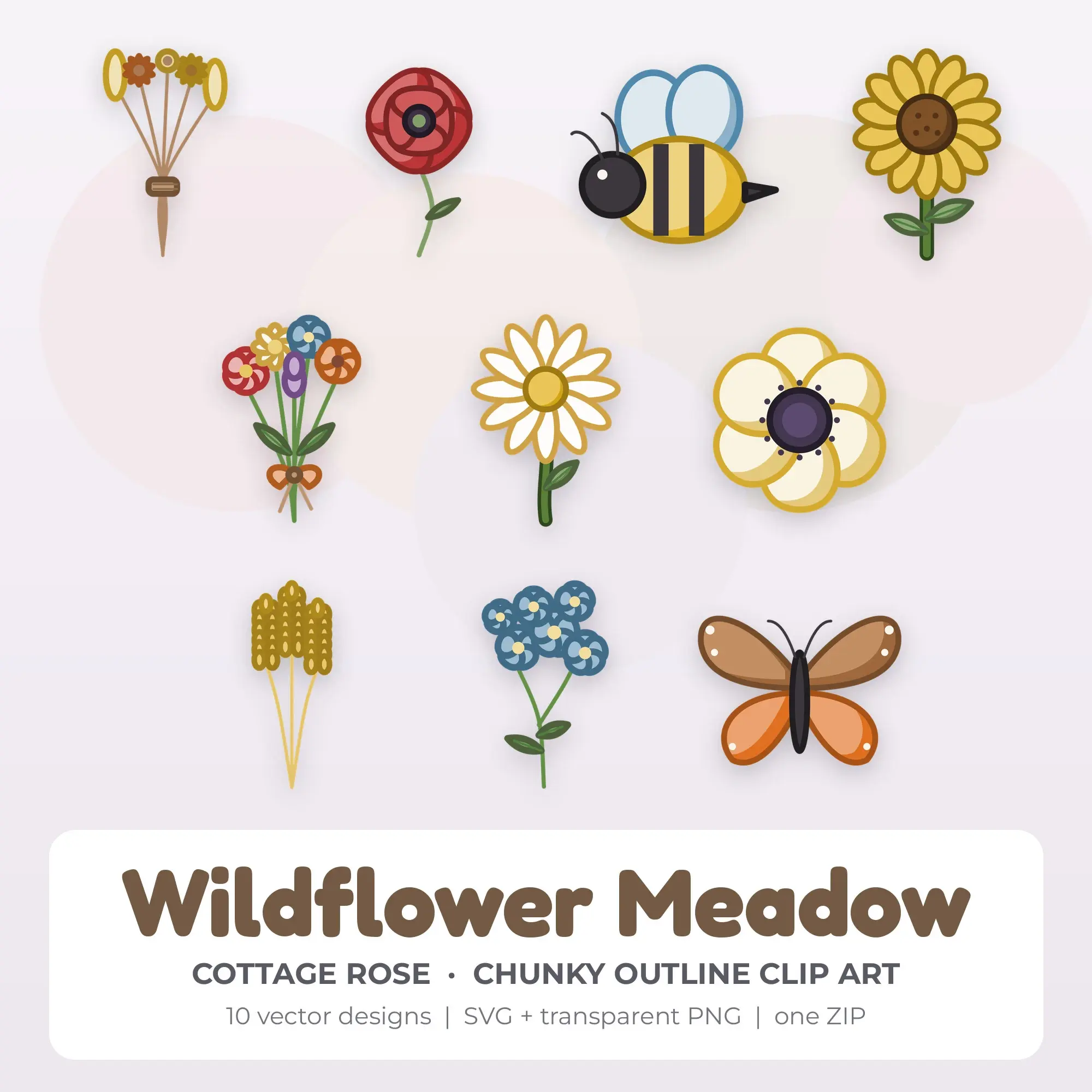 Wildflower Meadow Clipart, Cottage Rose Chunky Outline - 10 SVG PNG preview