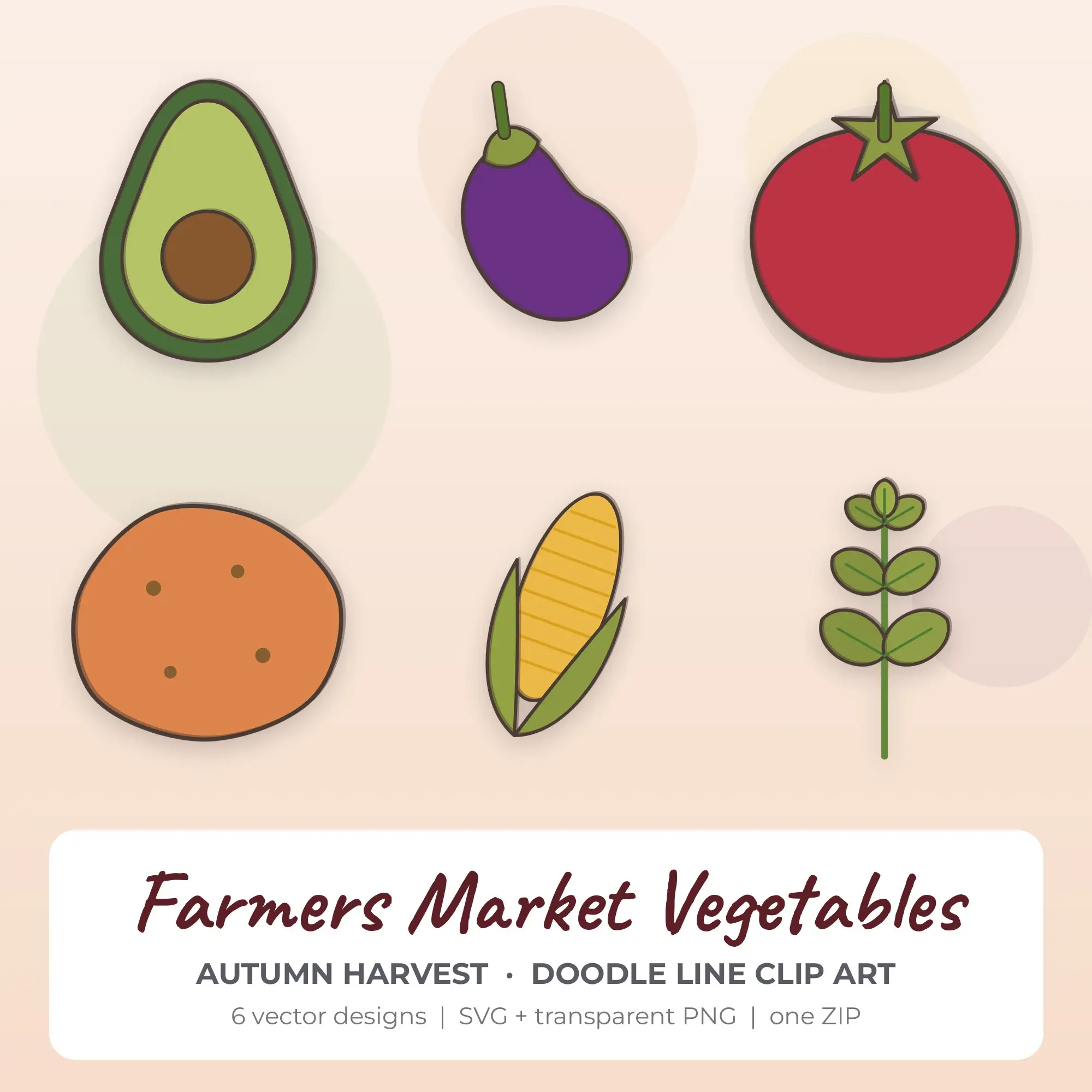 6 Doodle Line Farmers Market Vegetables Clipart Illustrations, SVG PNG preview