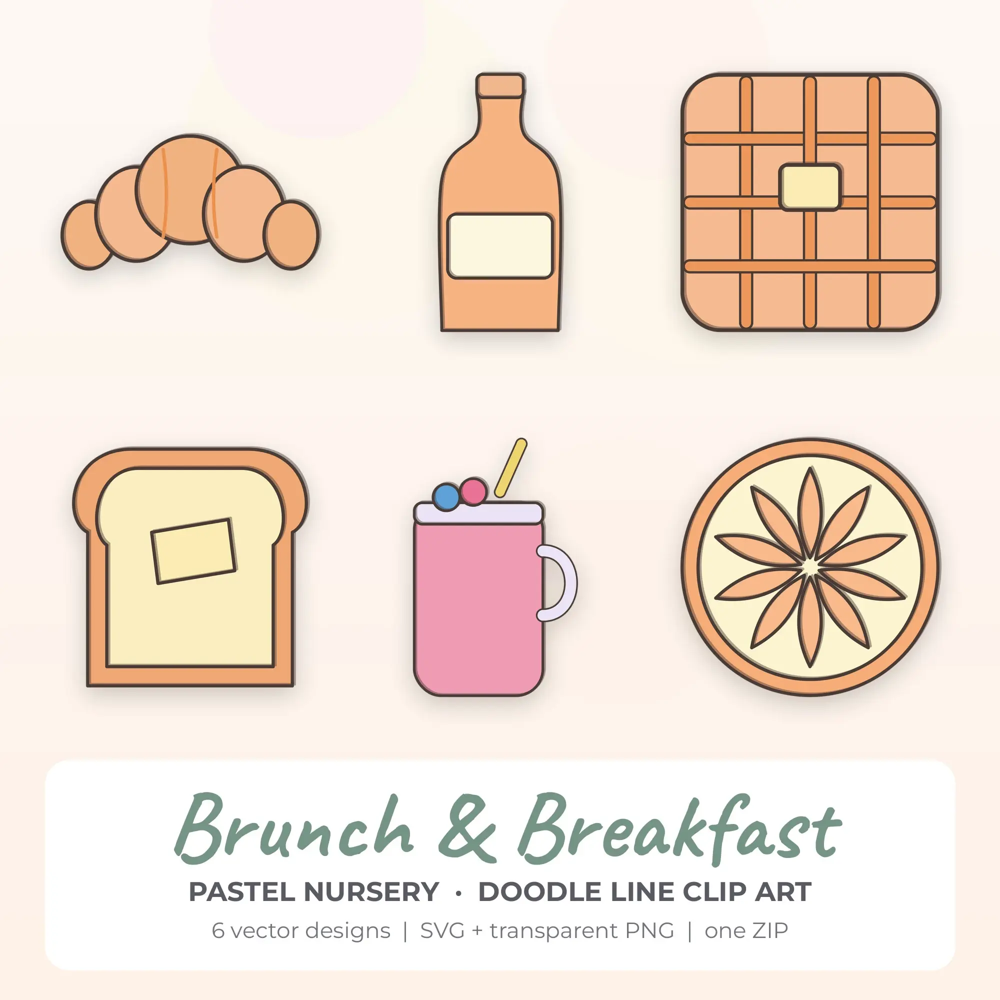 Pastel Nursery Doodle Line Brunch & Breakfast Clipart - 6 Vector Files preview