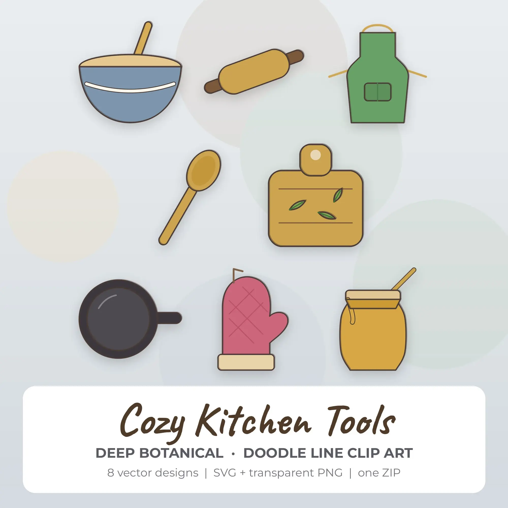 Deep Botanical Cozy Kitchen Tools Clip Art Set - 8 Vector SVG PNG preview