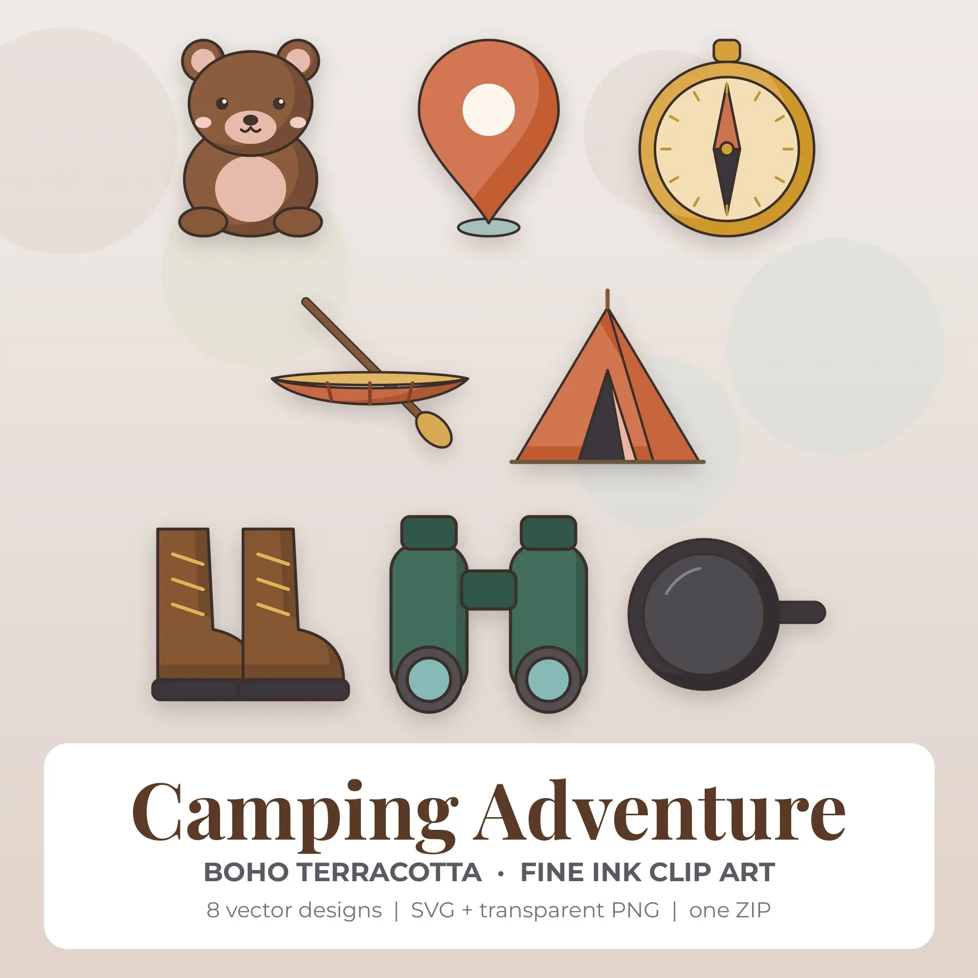 Fine Ink Camping Adventure Clipart Bundle, Boho Terracotta - 8 PNG SVG preview
