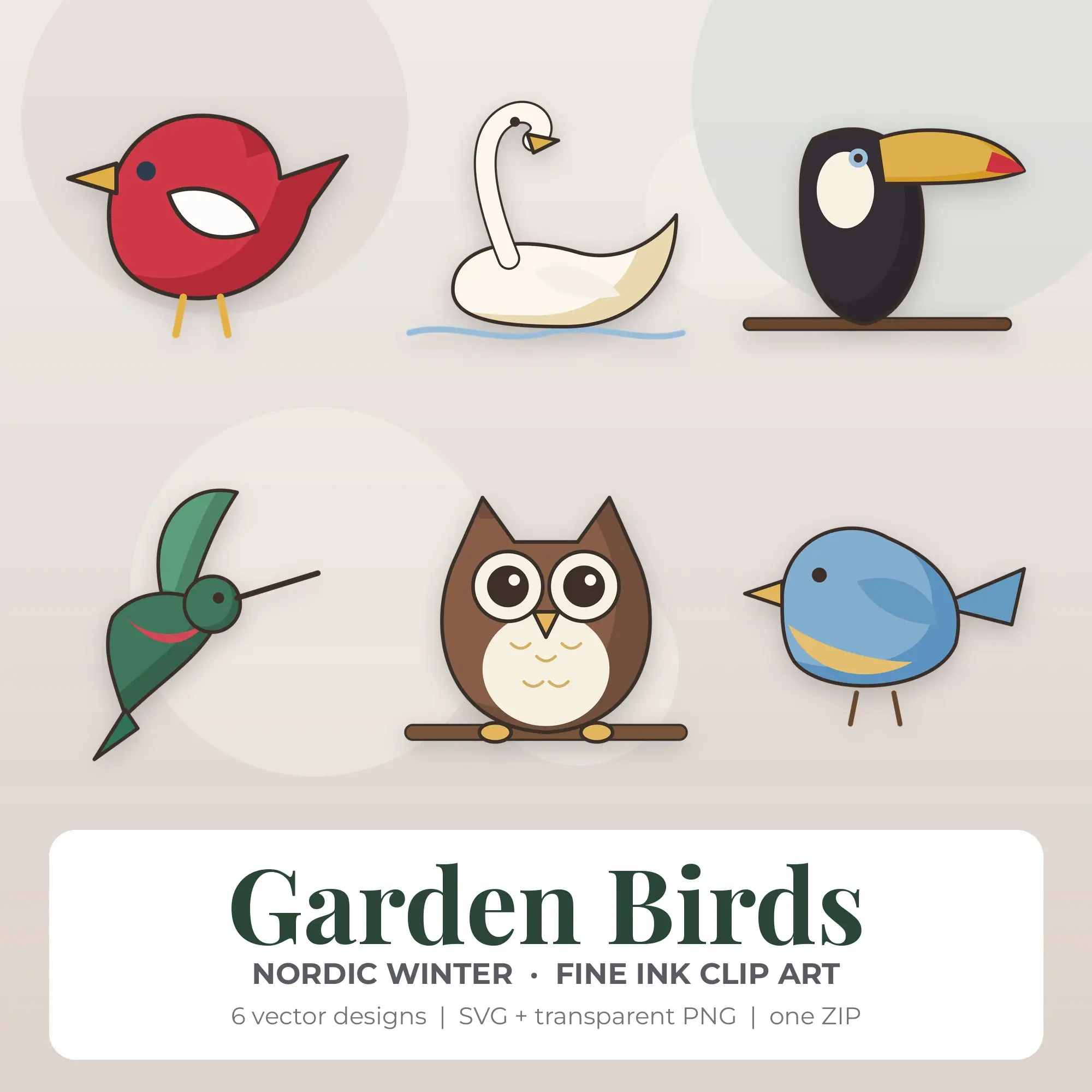 Nordic Winter Fine Ink Garden Birds Clipart - 6 Vector Files preview