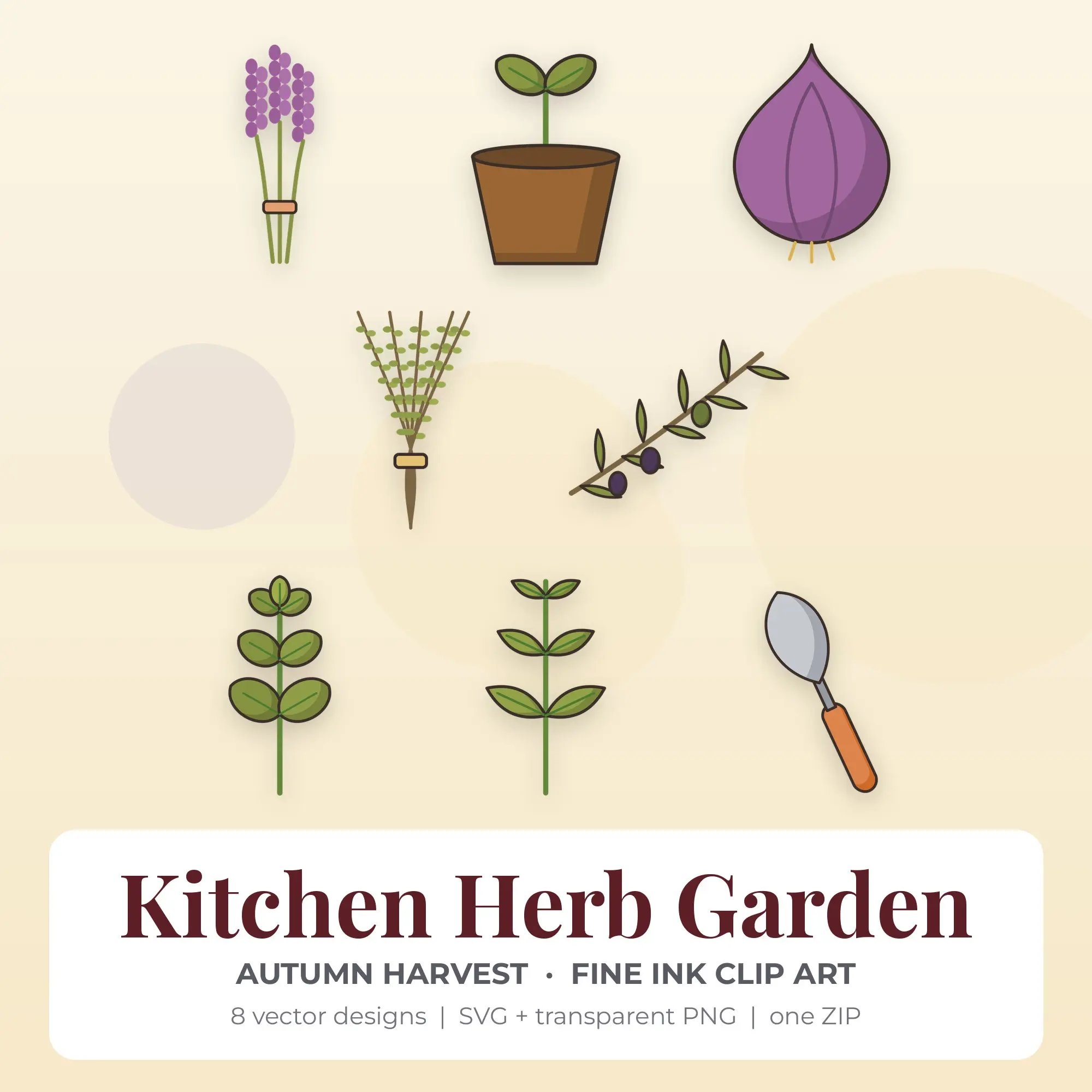 Kitchen Herb Garden Clipart, Autumn Harvest Fine Ink - 8 SVG PNG preview
