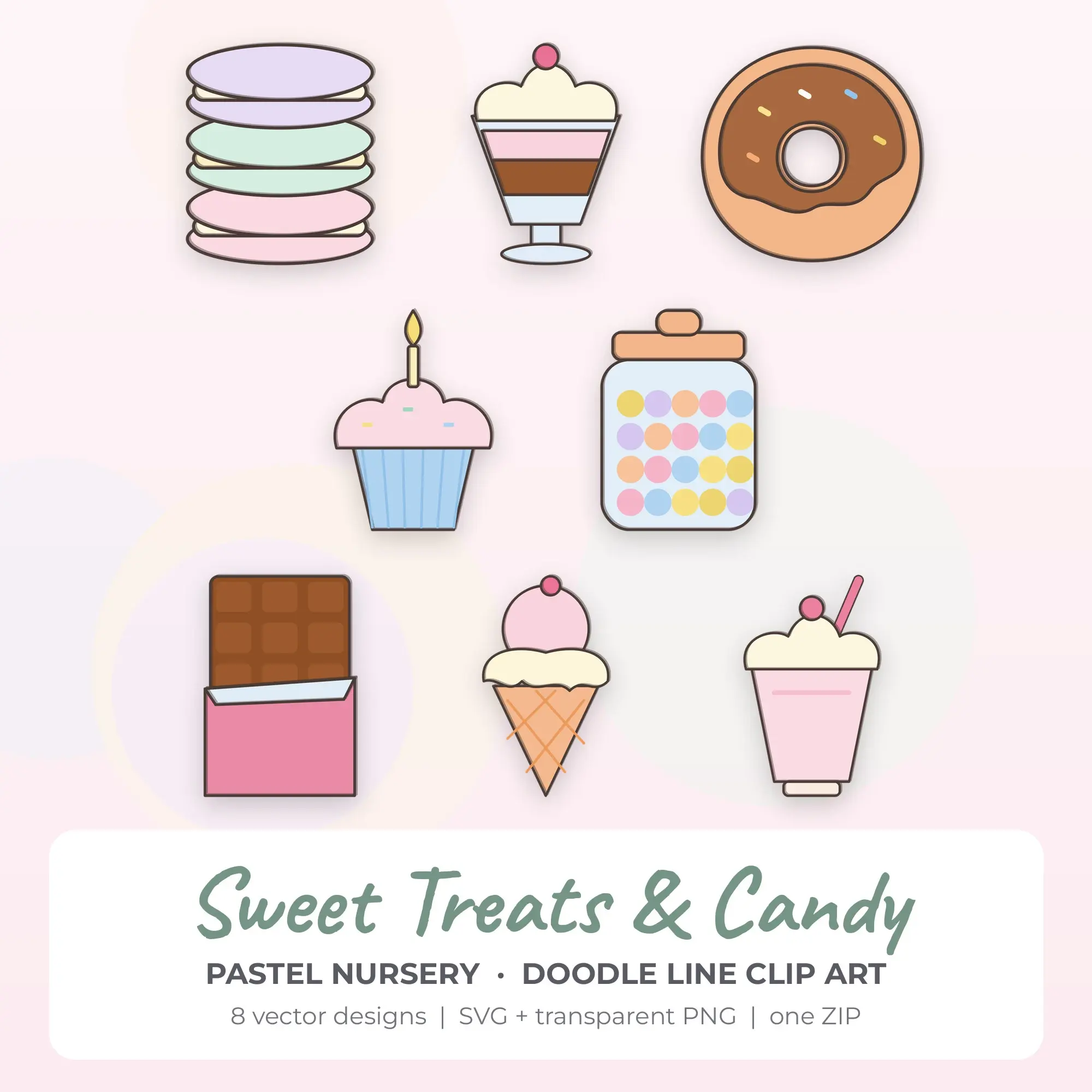 Sweet Treats & Candy Clipart, Pastel Nursery Doodle Line - 8 SVG PNG preview