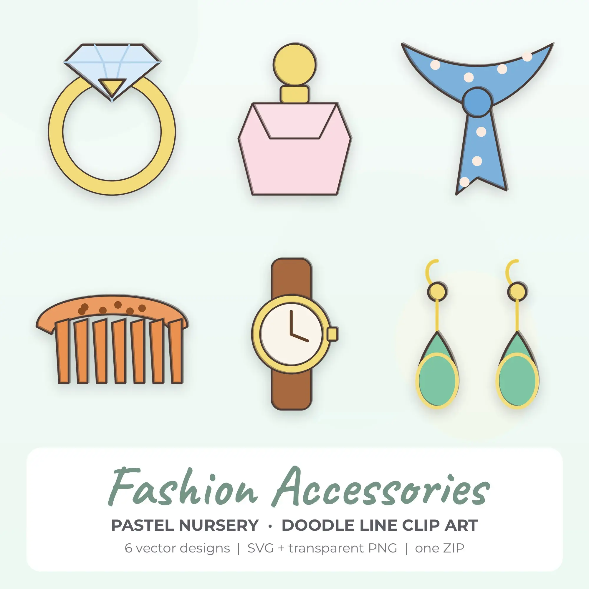 Fashion Accessories SVG Clipart Pack, Doodle Line Style - 6 Designs, preview 1 of 2