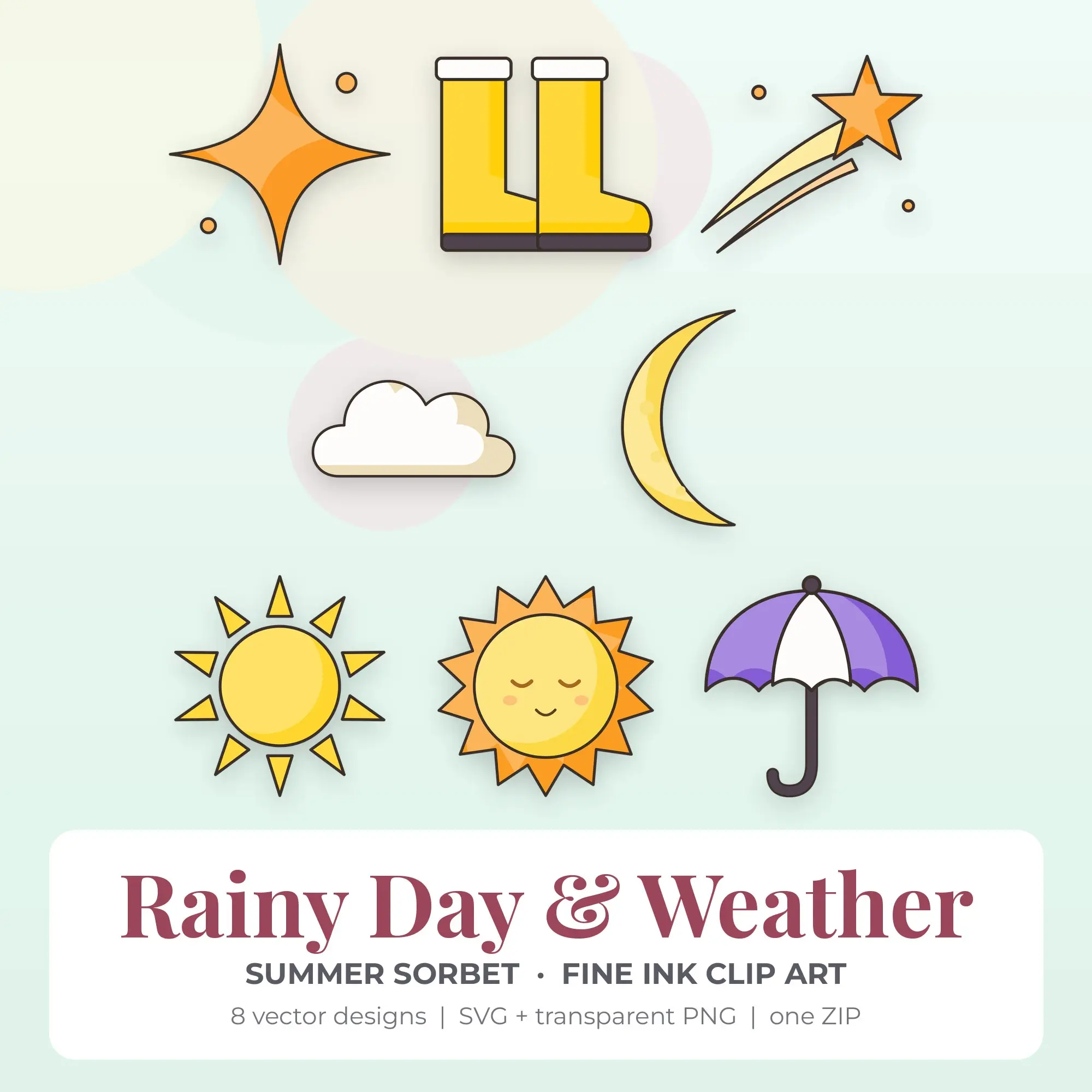 Rainy Day & Weather SVG Clipart Pack, Fine Ink Style - 8 Designs, preview 1 of 2