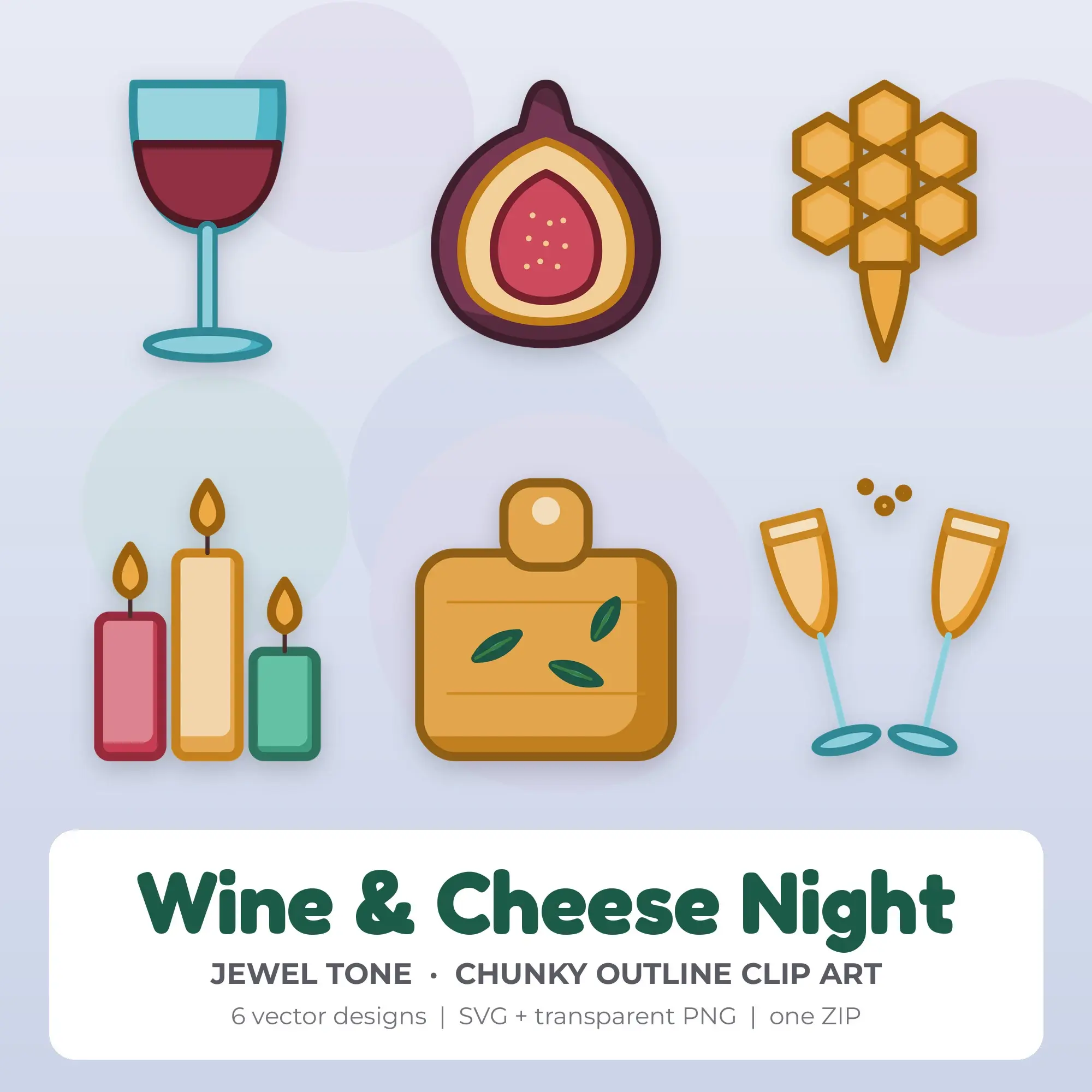 Wine & Cheese Night SVG Clipart Pack, Chunky Outline Style - 6 Designs preview