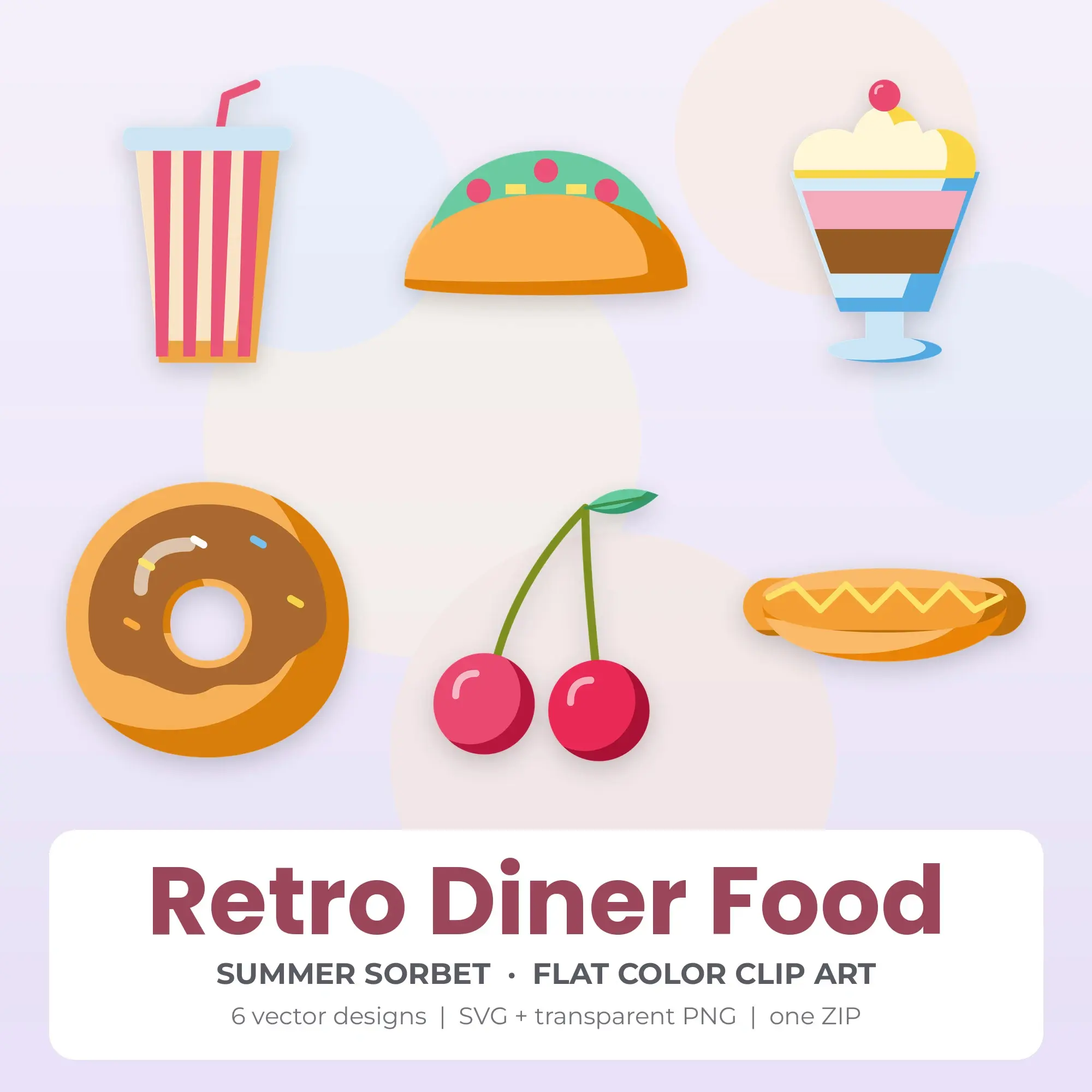 6 Flat Color Retro Diner Food Clipart Illustrations, SVG PNG preview