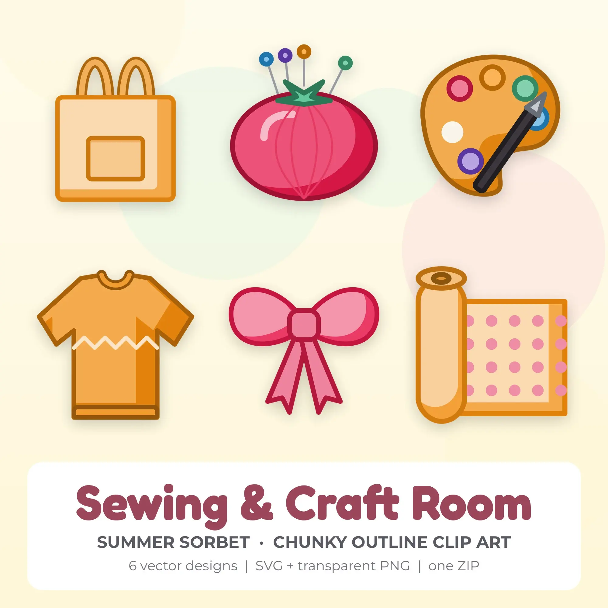 Sewing & Craft Room Clipart, Summer Sorbet Chunky Outline - 6 SVG PNG preview