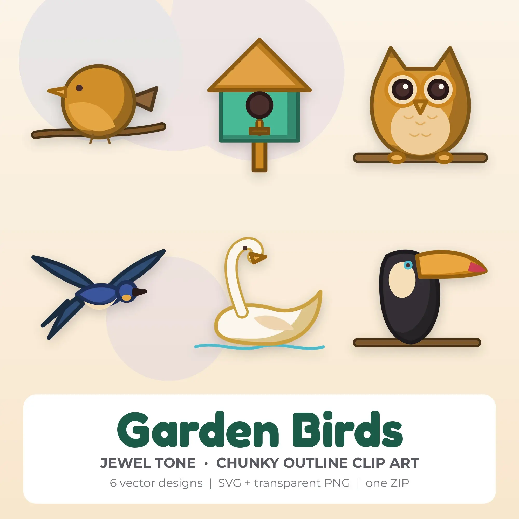 Chunky Outline Garden Birds Clipart Bundle, Jewel Tone - 6 PNG SVG preview