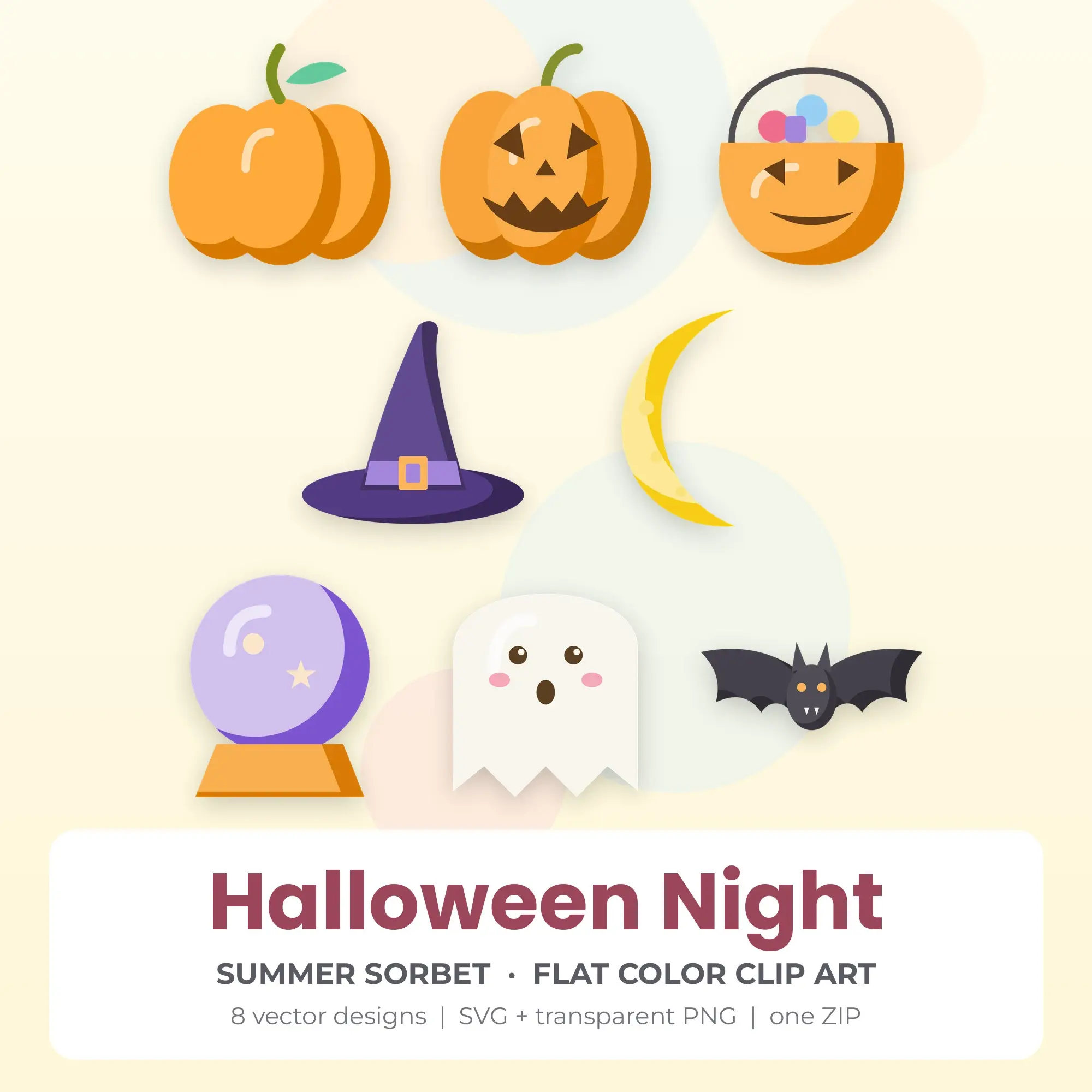 Halloween Night SVG Clipart Pack, Flat Color Style - 8 Designs preview