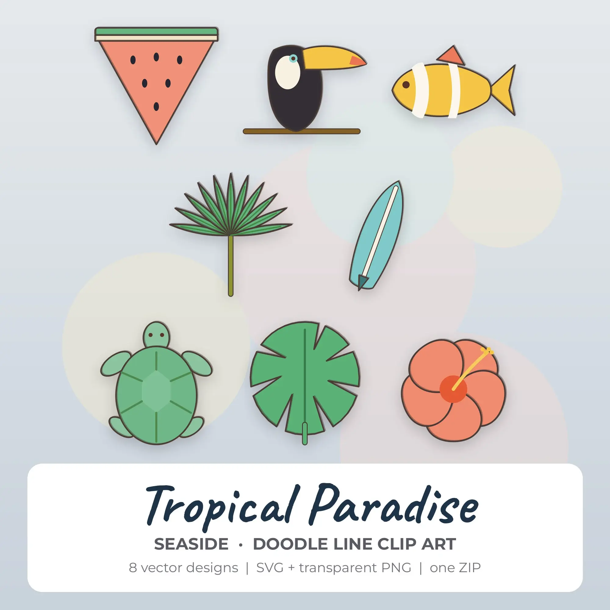 Tropical Paradise SVG Clipart Pack, Doodle Line Style - 8 Designs preview