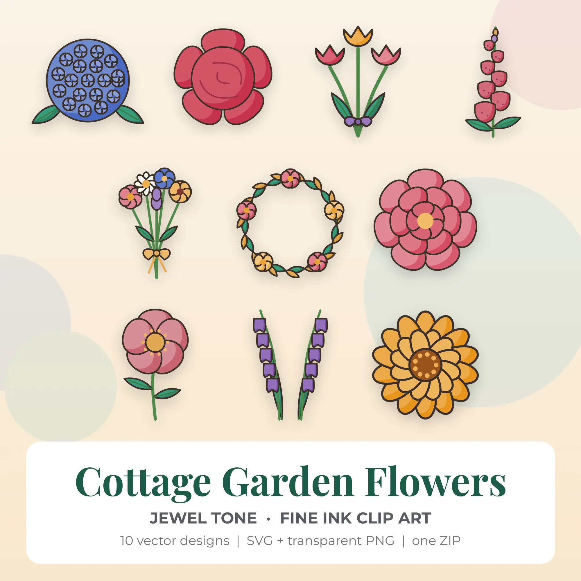 Jewel Tone Cottage Garden Flowers Clip Art Set - 10 Vector SVG PNG preview