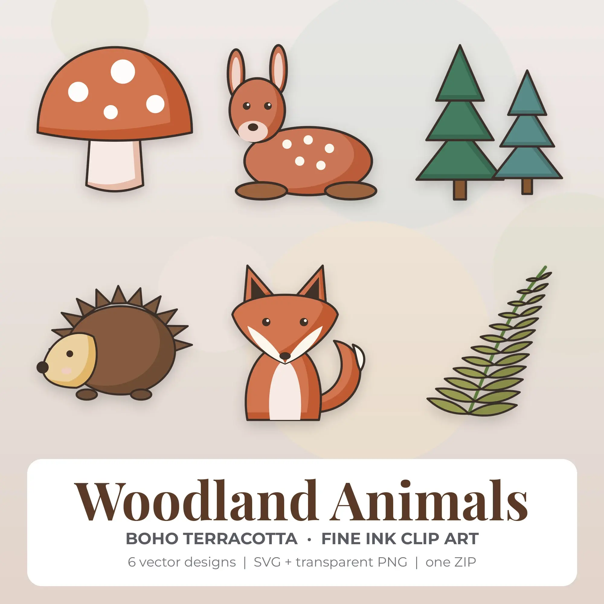 6 Fine Ink Woodland Animals Clipart Illustrations, SVG PNG preview