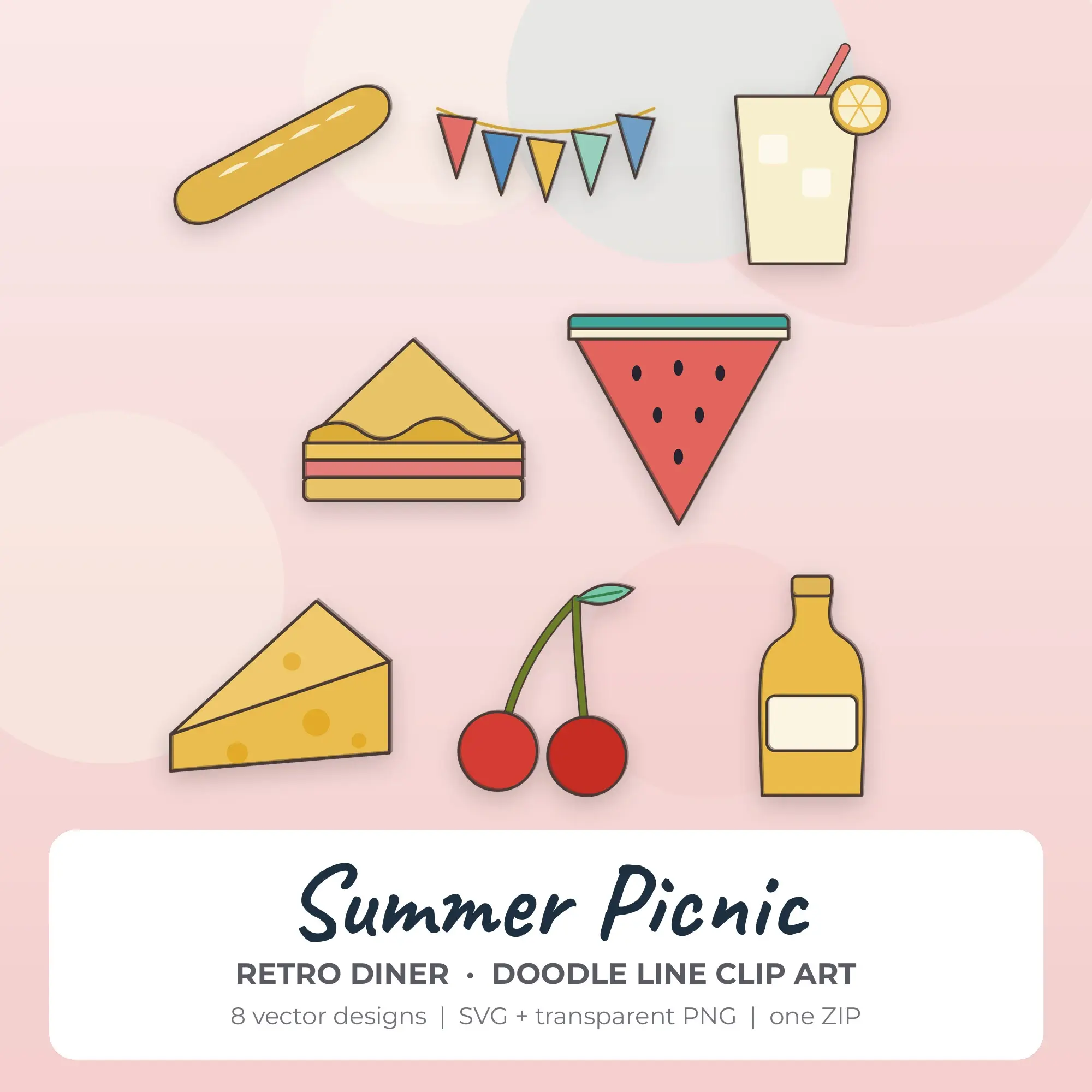 Retro Diner Summer Picnic Clip Art Set - 8 Vector SVG PNG preview