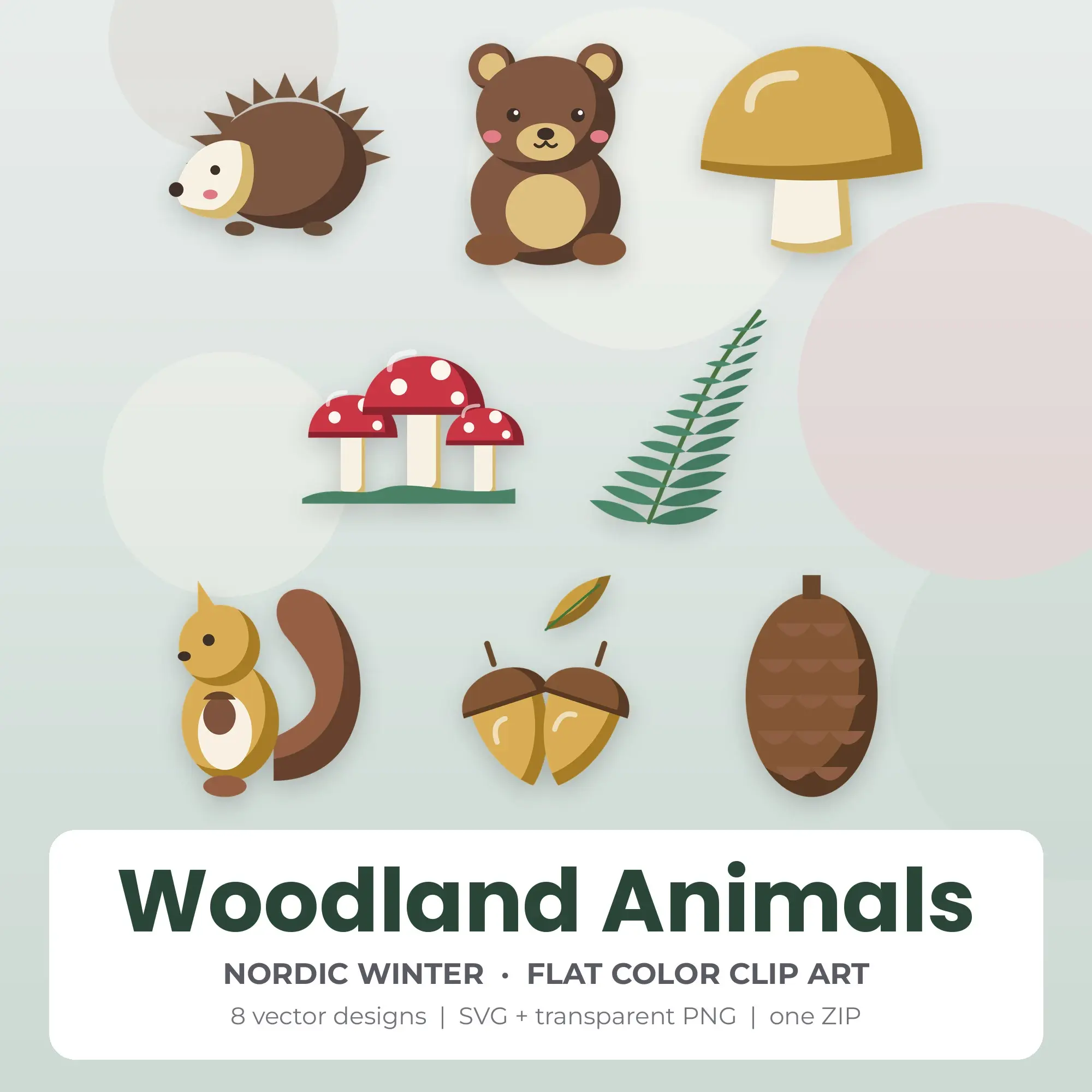 Flat Color Woodland Animals Clipart Bundle, Nordic Winter - 8 PNG SVG preview
