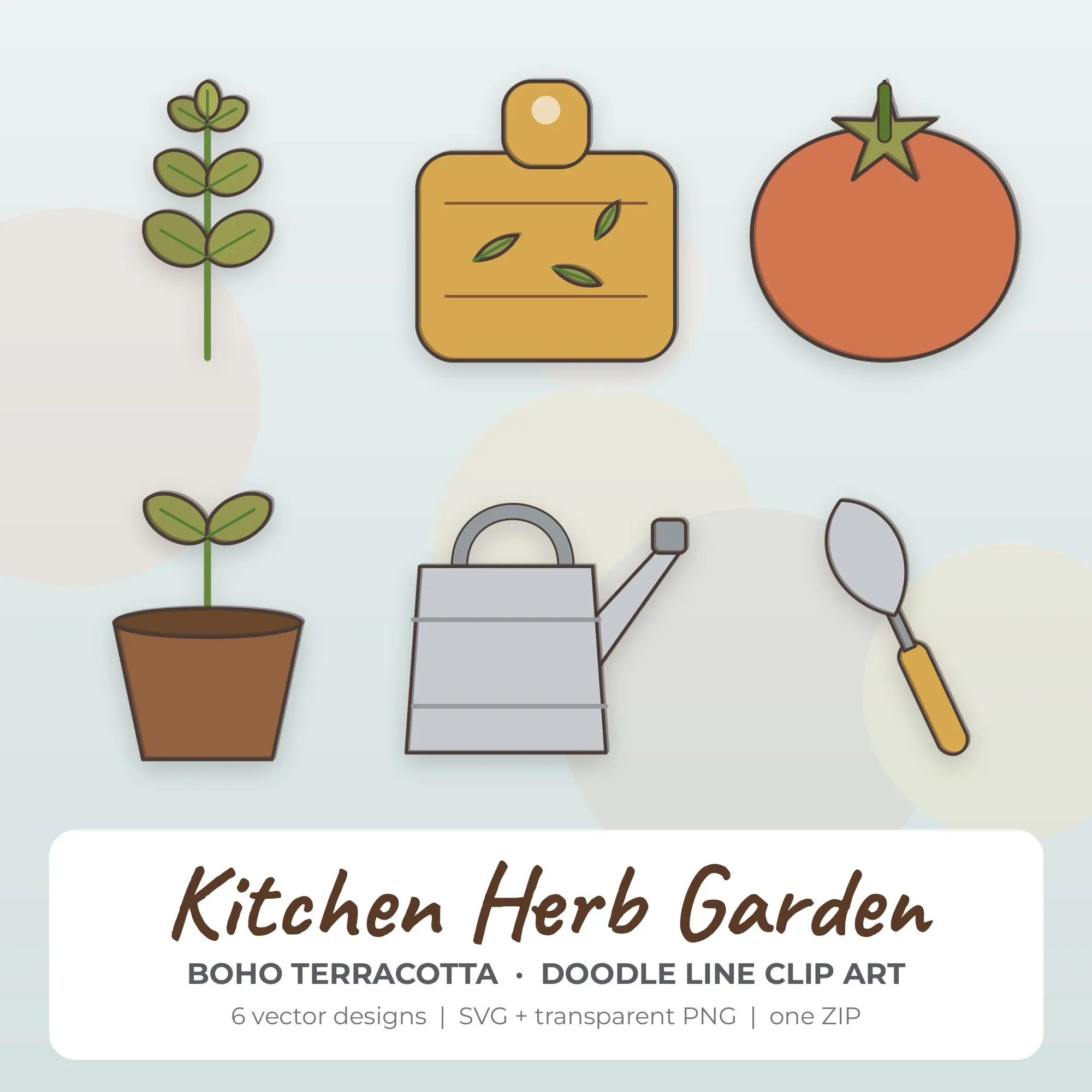 6 Doodle Line Kitchen Herb Garden Clipart Illustrations, SVG PNG preview