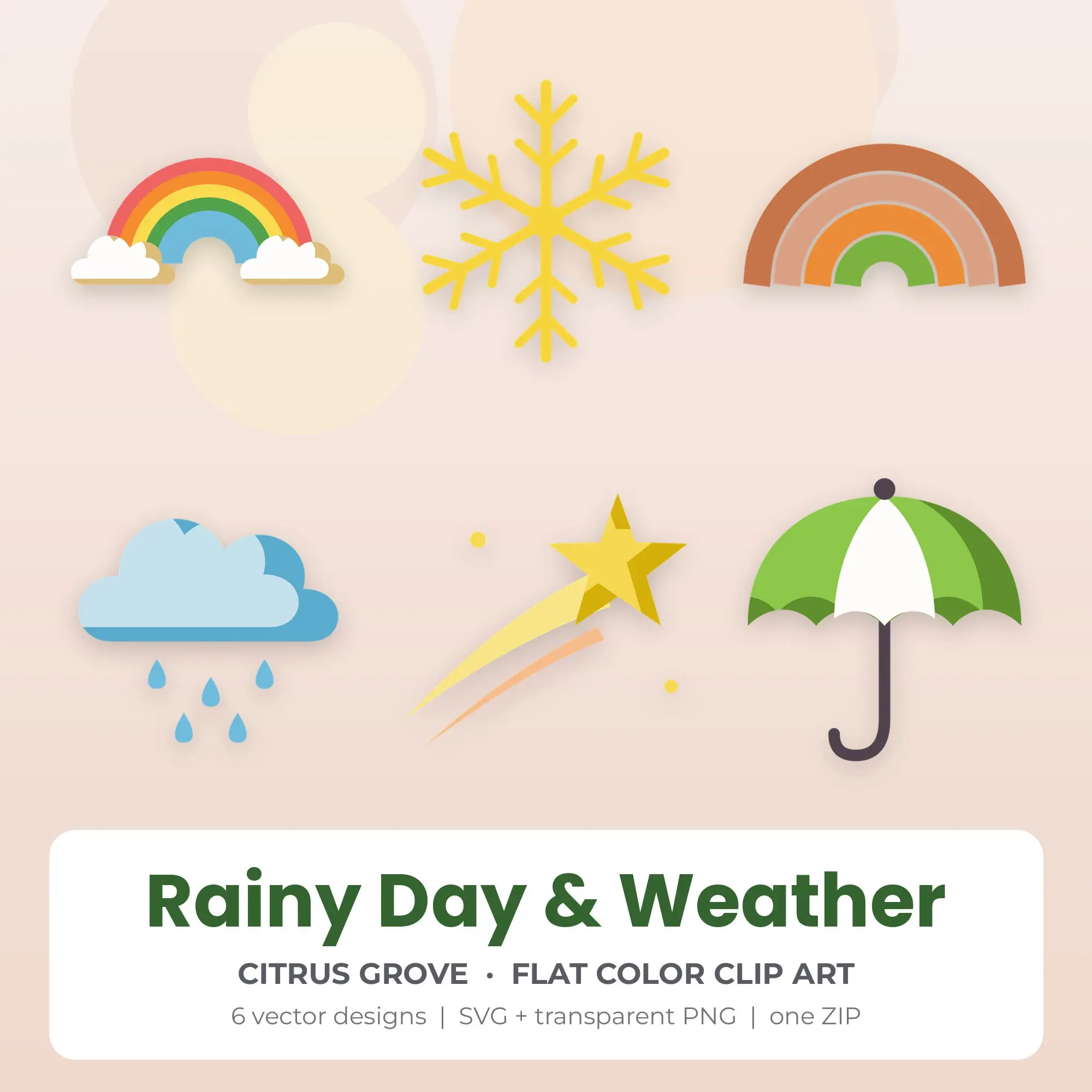 Citrus Grove Flat Color Rainy Day & Weather Clipart - 6 Vector Files, preview 1 of 2