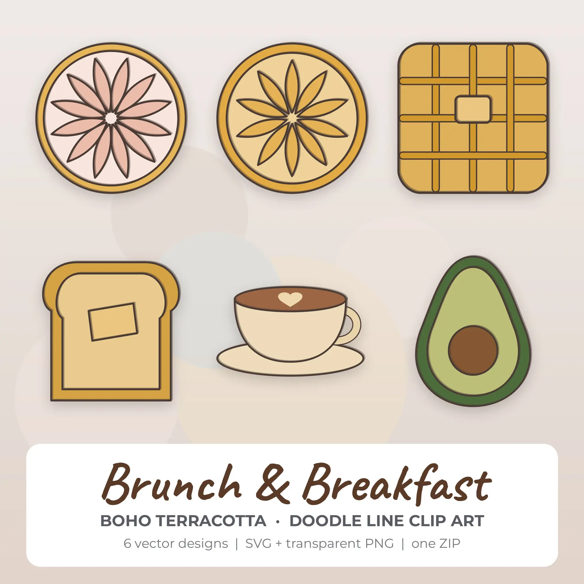 Brunch & Breakfast Clipart, Boho Terracotta Doodle Line - 6 SVG PNG, preview 1 of 2