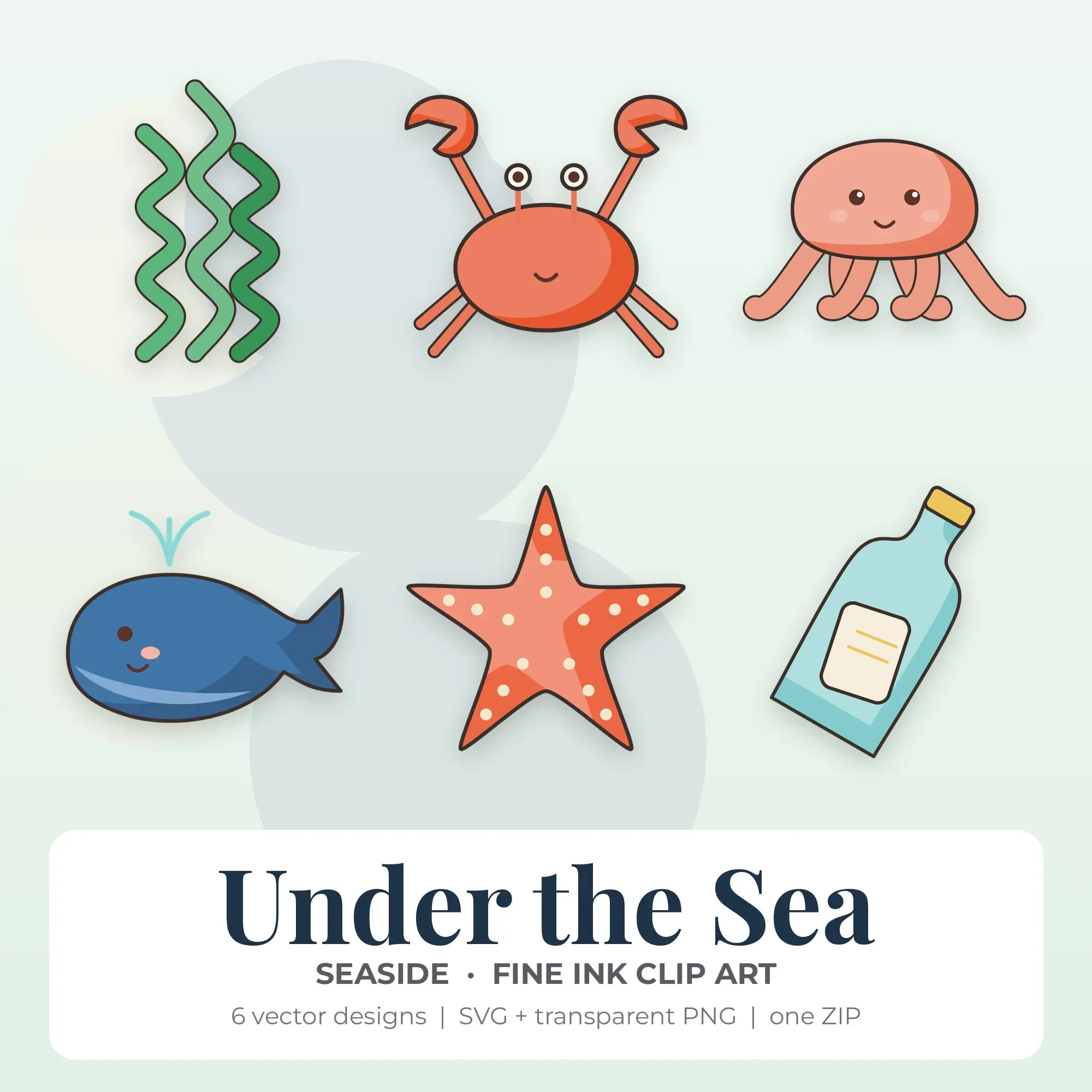 Fine Ink Under the Sea Clipart Bundle, Seaside - 6 PNG SVG, preview 1 of 2