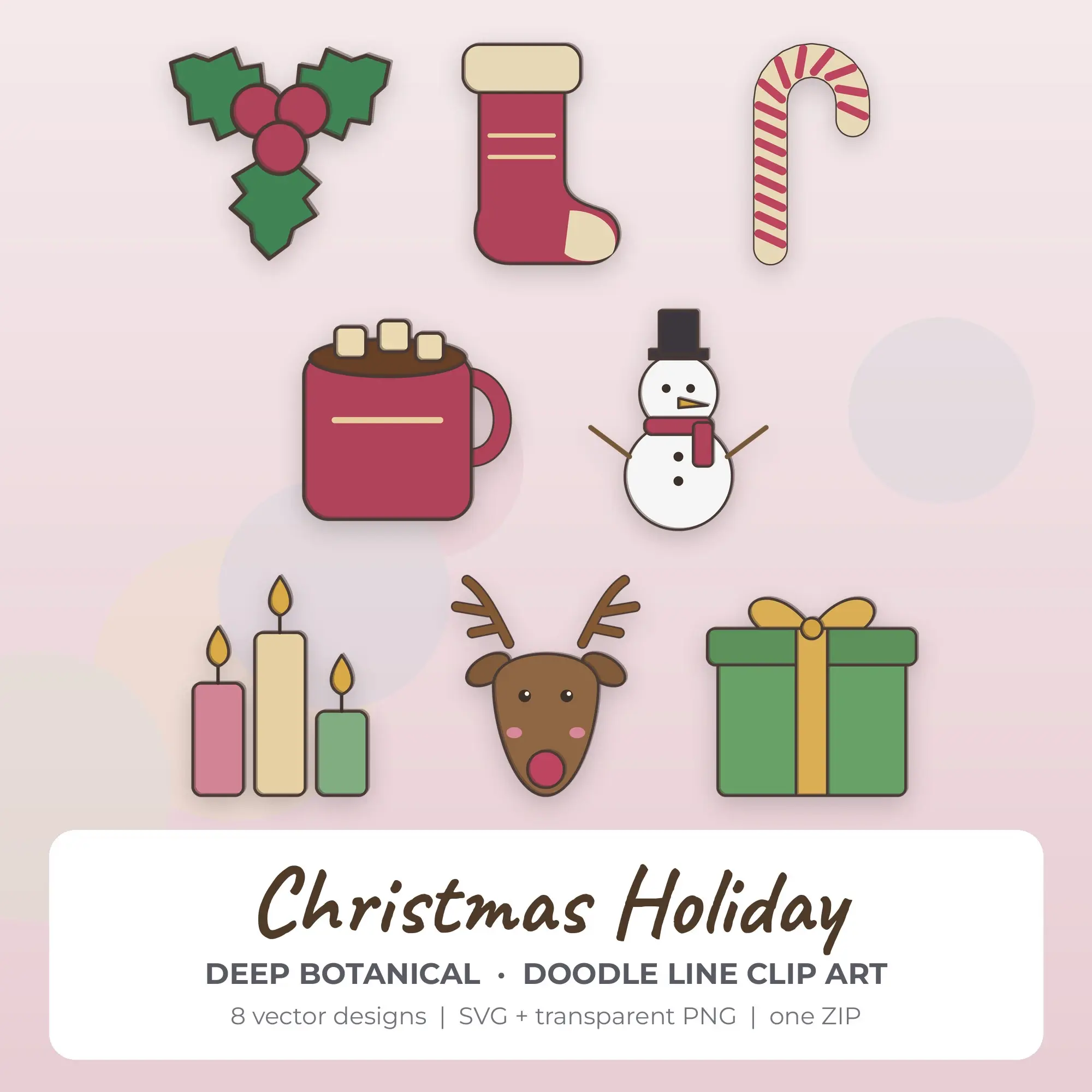 8 Doodle Line Christmas Holiday Clipart Illustrations, SVG PNG preview