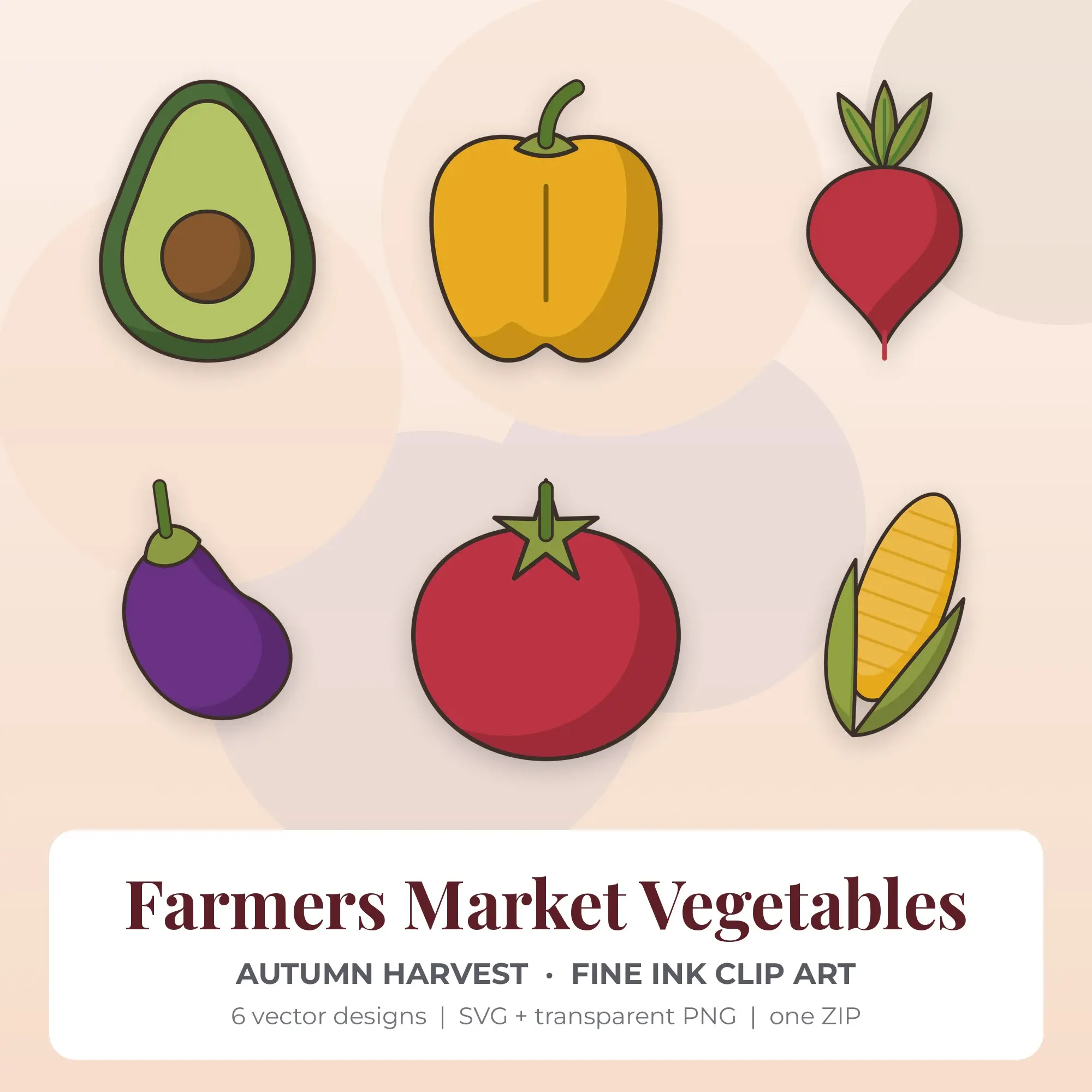 Farmers Market Vegetables SVG Clipart Pack, Fine Ink Style - 6 Designs preview