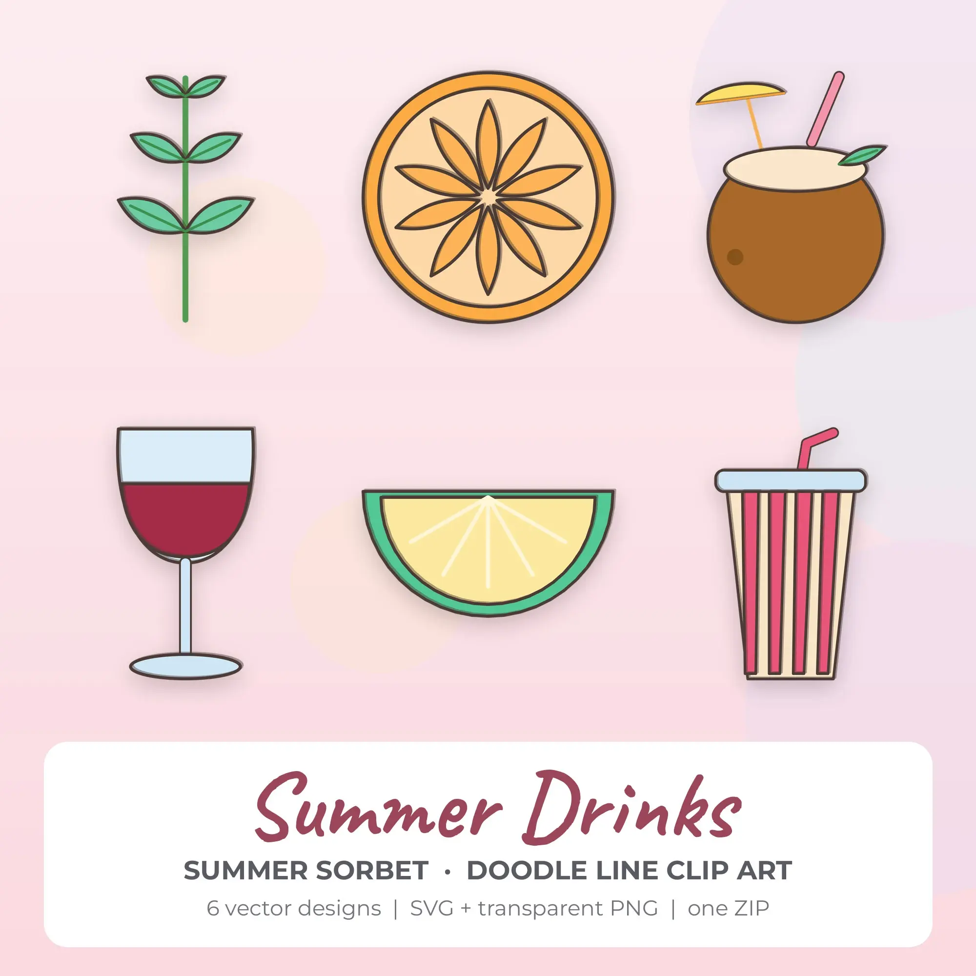 Summer Sorbet Doodle Line Summer Drinks Clipart - 6 Vector Files preview
