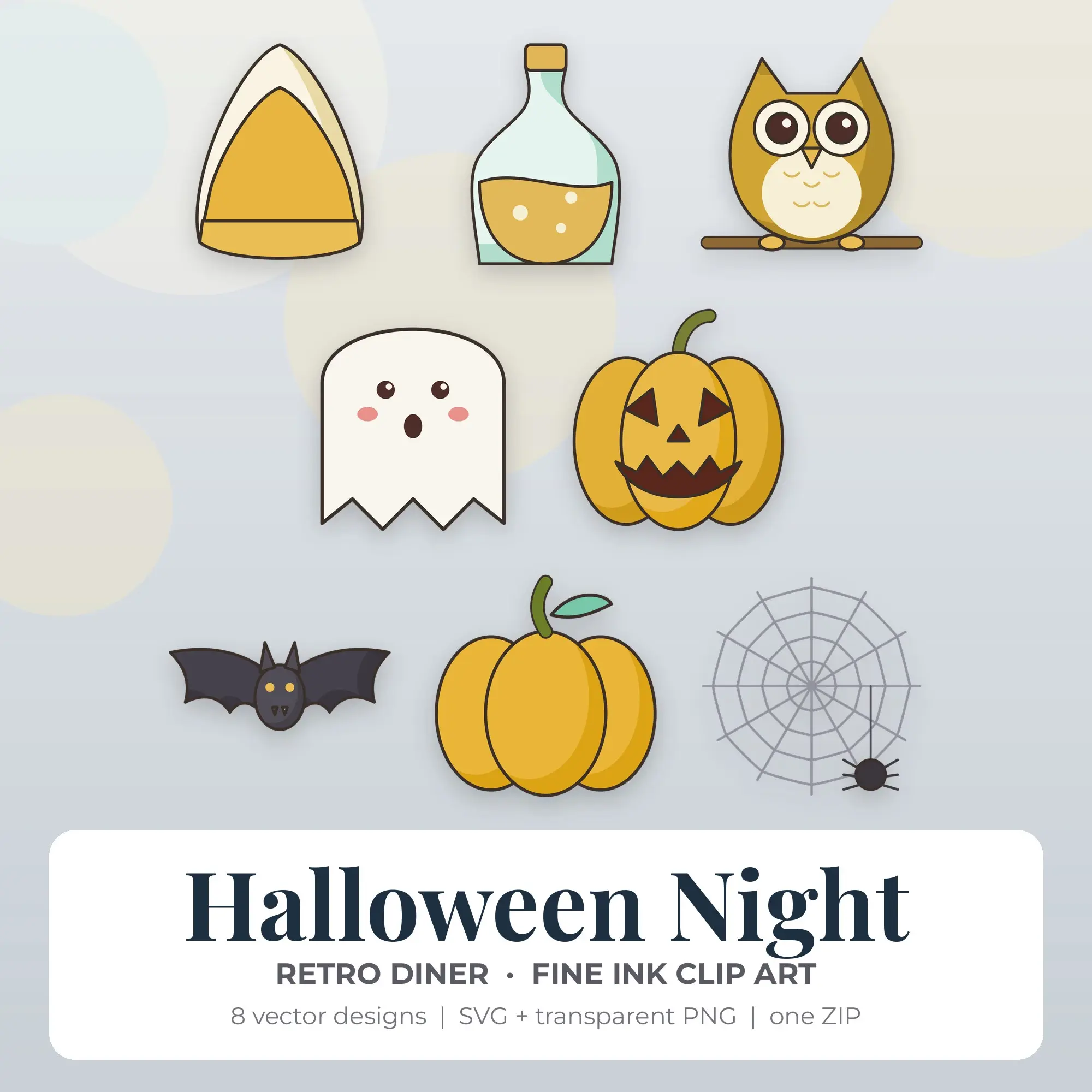 Halloween Night Clipart, Retro Diner Fine Ink - 8 SVG PNG, preview 1 of 2