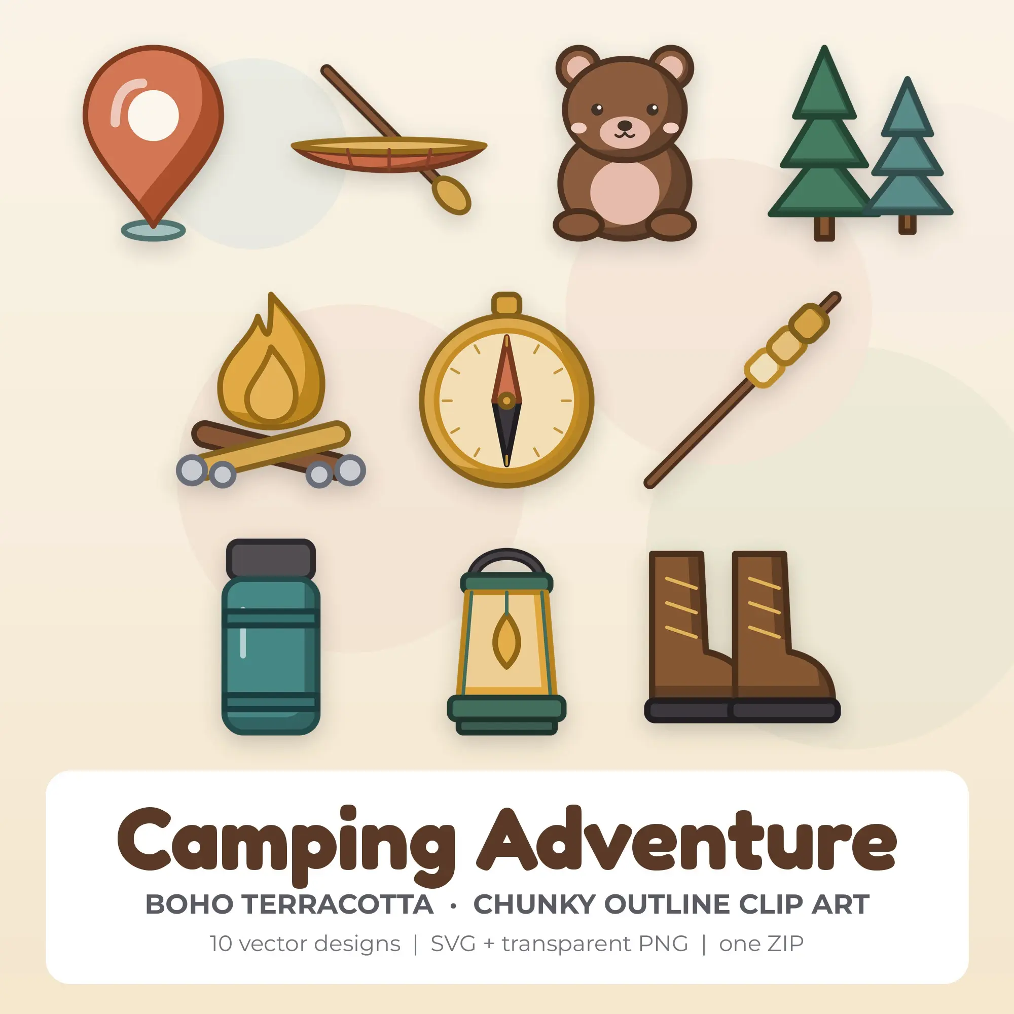 Camping Adventure SVG Clipart Pack, Chunky Outline Style - 10 Designs preview