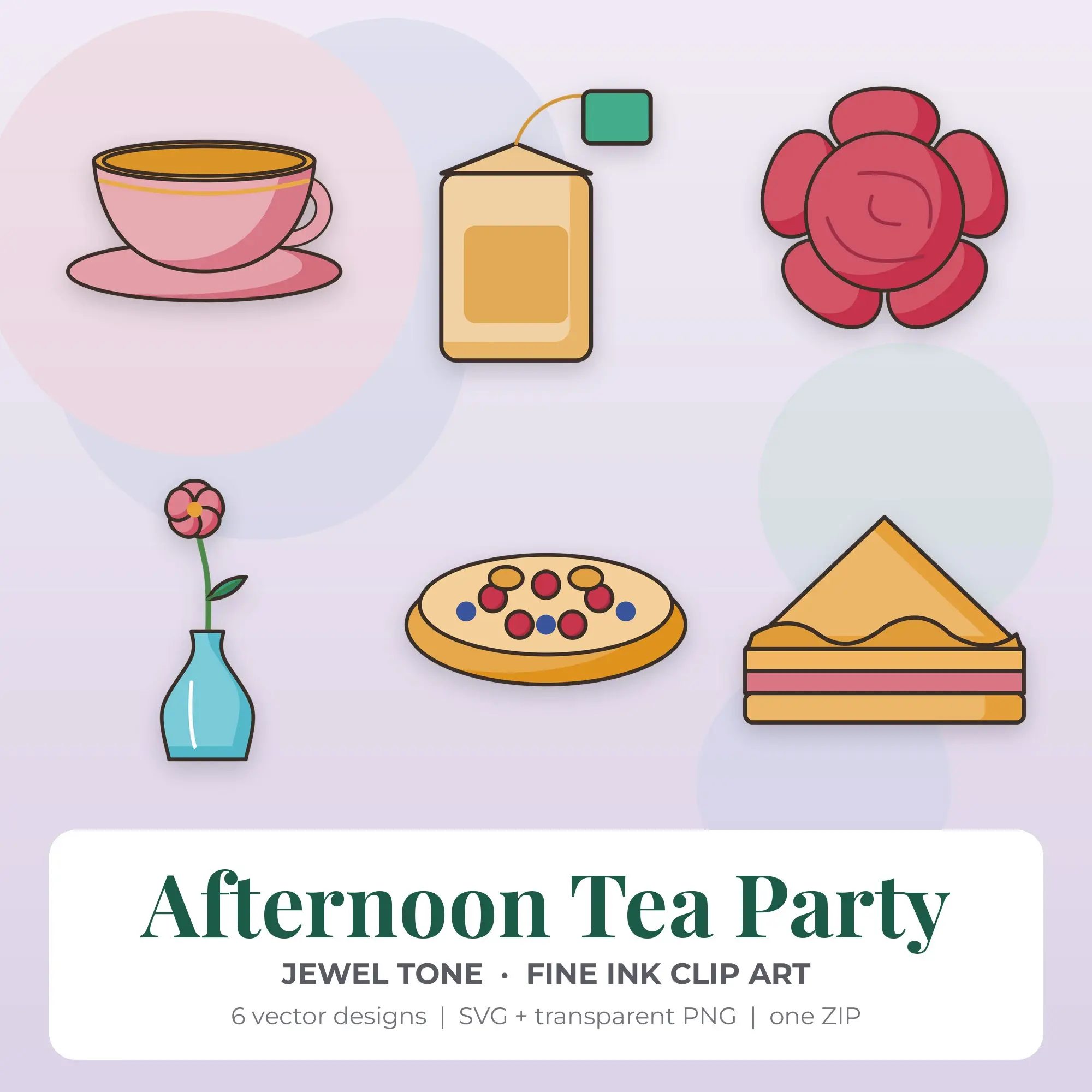 Afternoon Tea Party Clipart, Jewel Tone Fine Ink - 6 SVG PNG preview