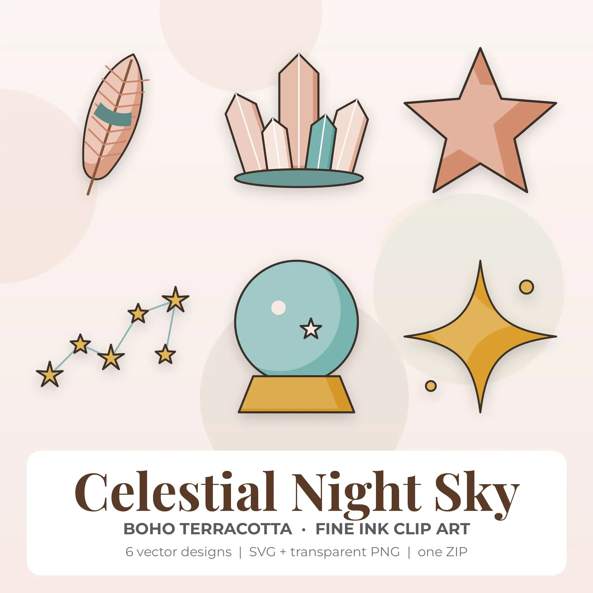 6 Fine Ink Celestial Night Sky Clipart Illustrations, SVG PNG preview