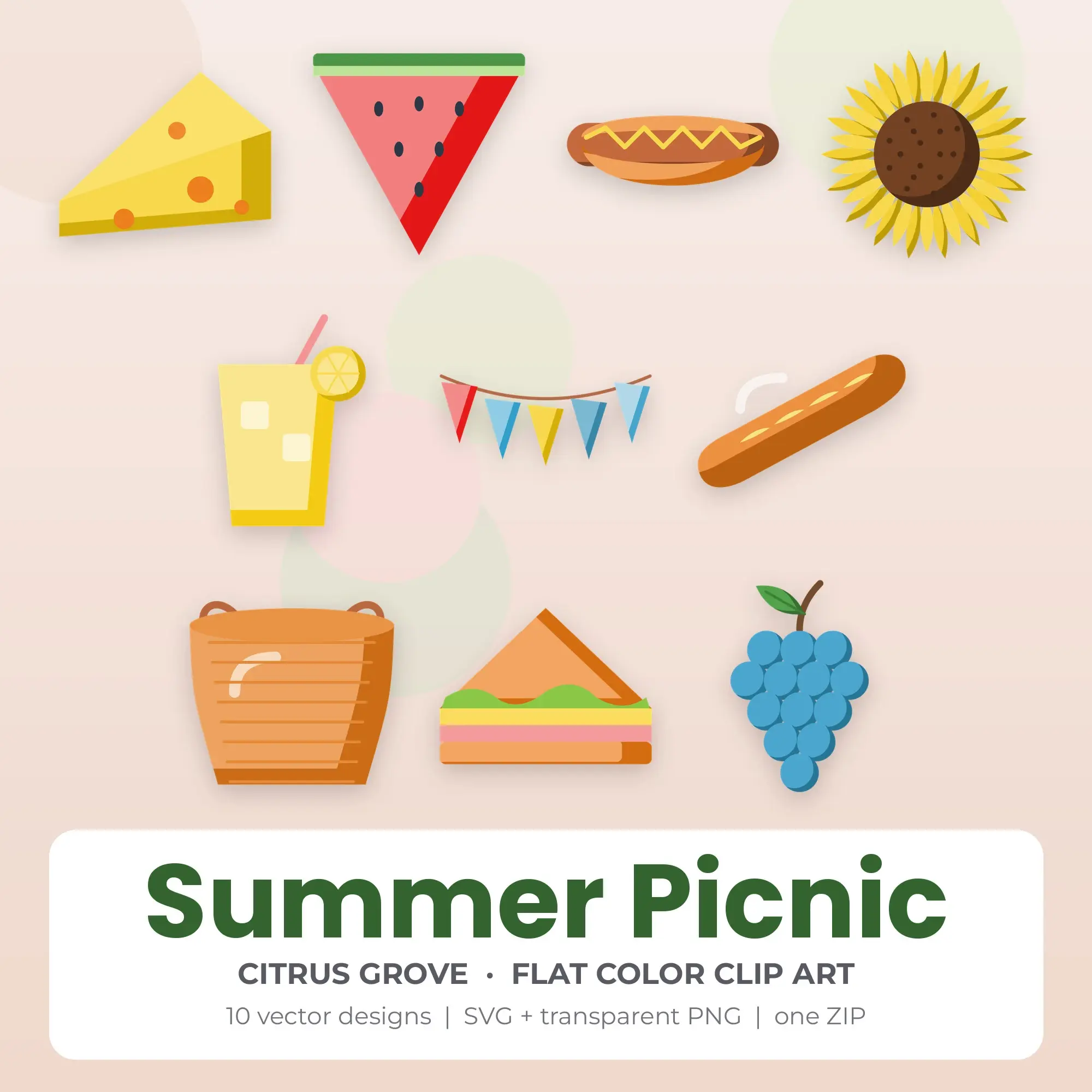 Summer Picnic Vector Clip Art in Citrus Grove - 10 Designs preview