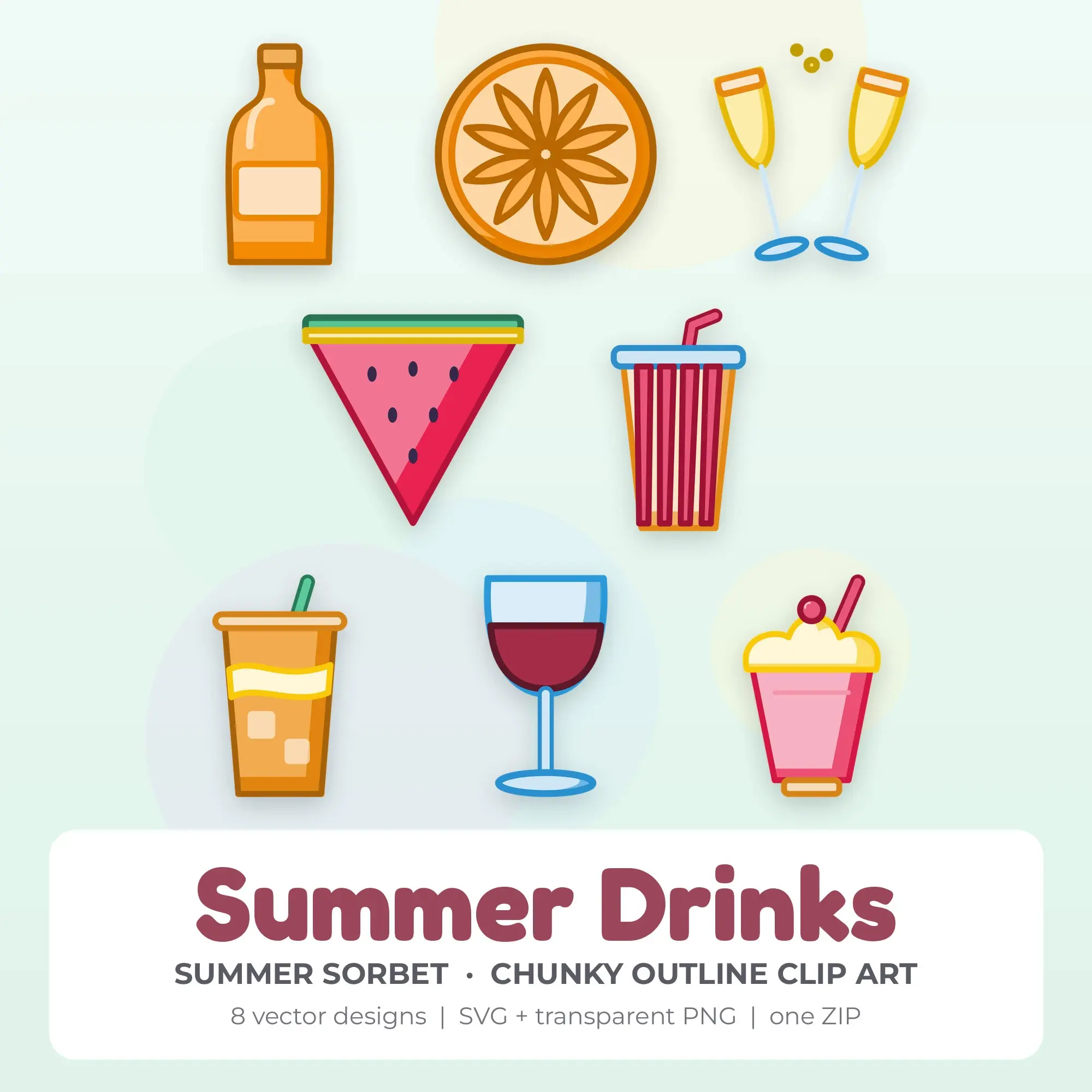 Summer Sorbet Chunky Outline Summer Drinks Clipart - 8 Vector Files preview