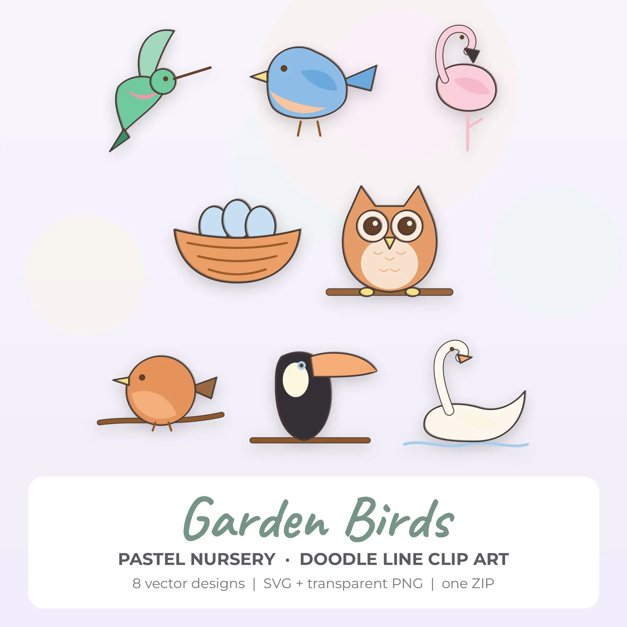 Pastel Nursery Doodle Line Garden Birds Clipart - 8 Vector Files preview