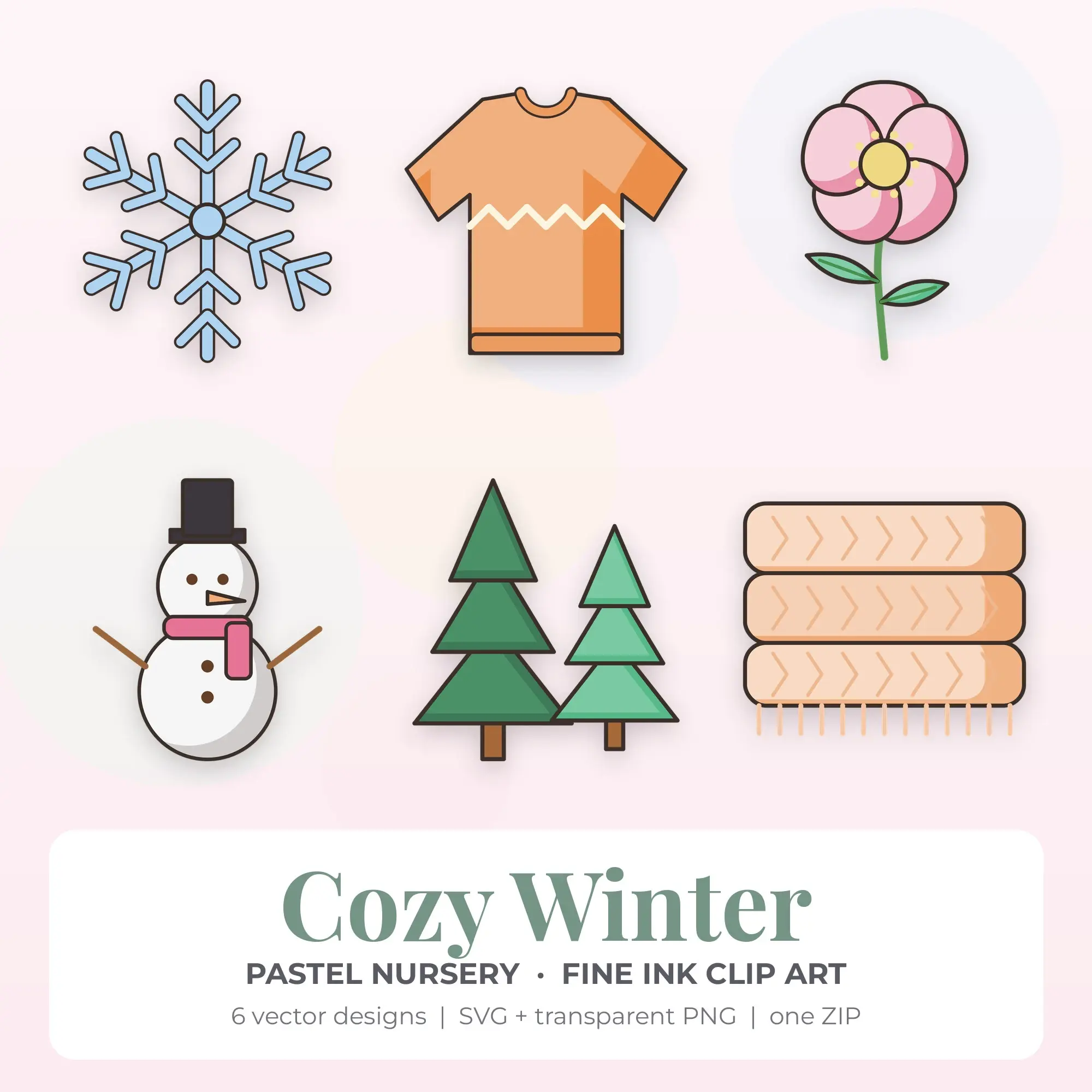 6 Fine Ink Cozy Winter Clipart Illustrations, SVG PNG preview