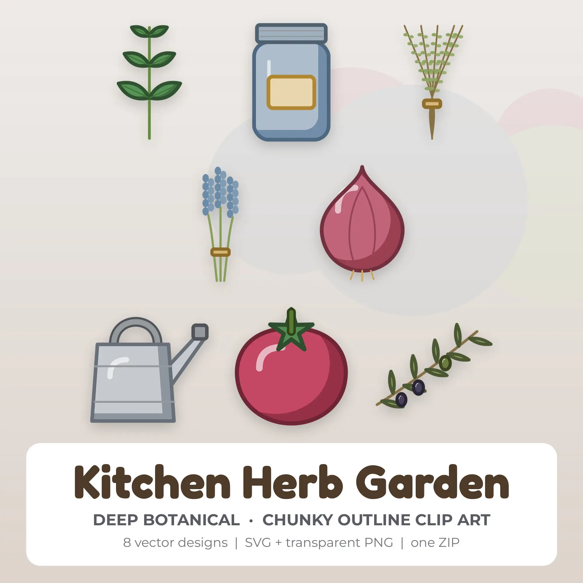 Kitchen Herb Garden SVG Clipart Pack, Chunky Outline Style - 8 Designs preview