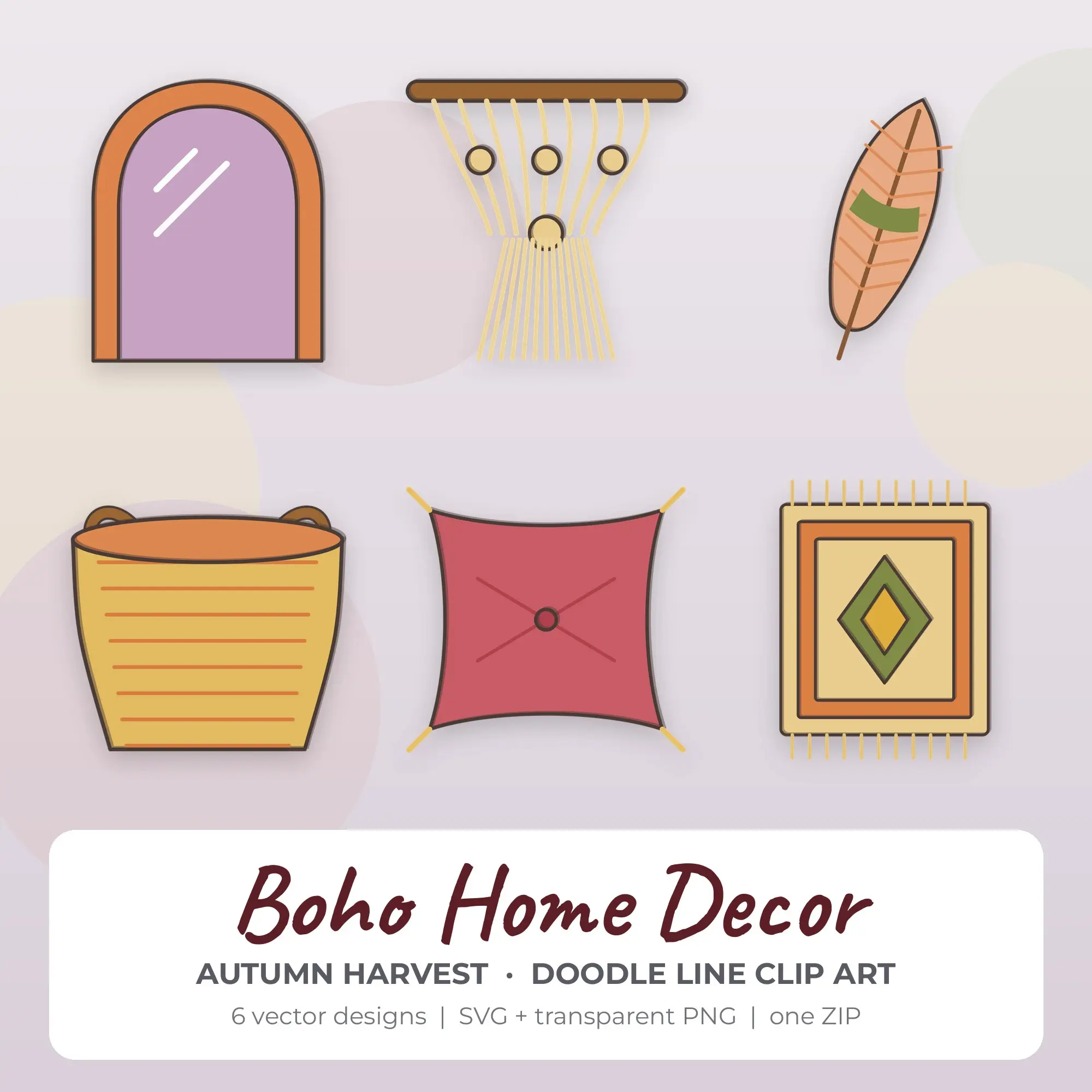 Autumn Harvest Doodle Line Boho Home Decor Clipart - 6 Vector Files preview