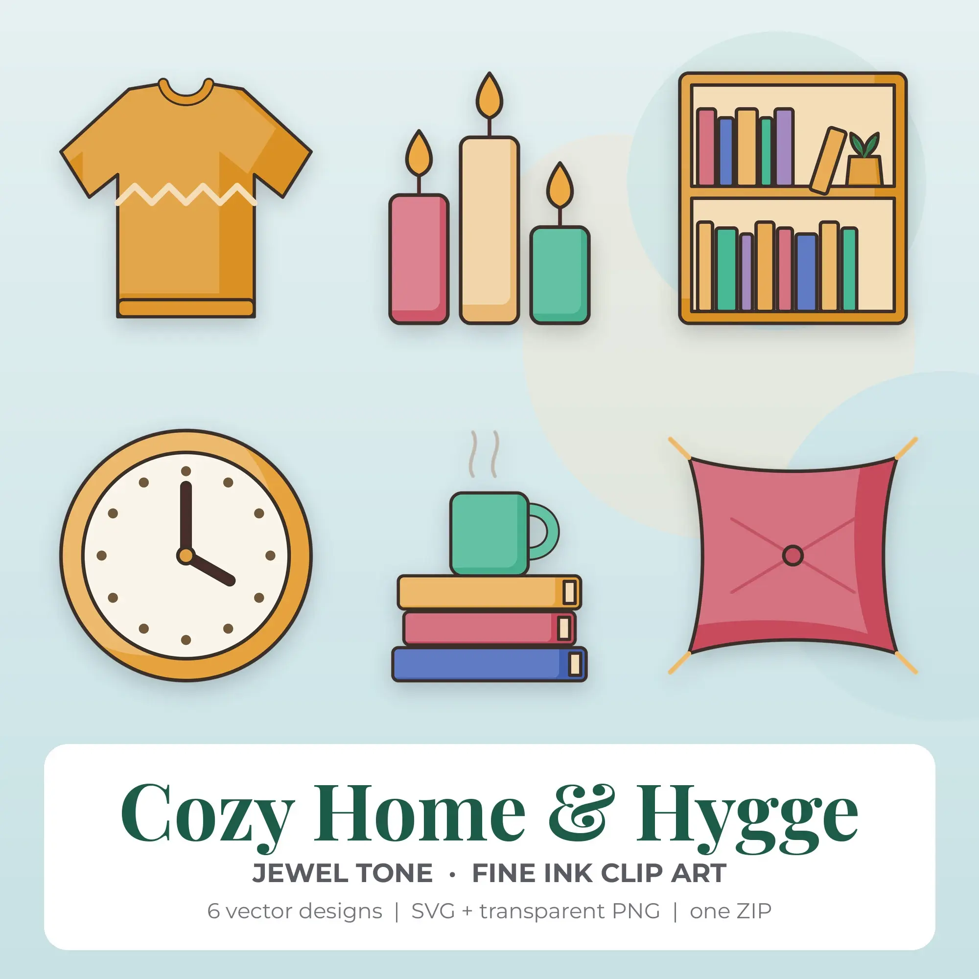 Cozy Home & Hygge Clipart, Jewel Tone Fine Ink - 6 SVG PNG preview