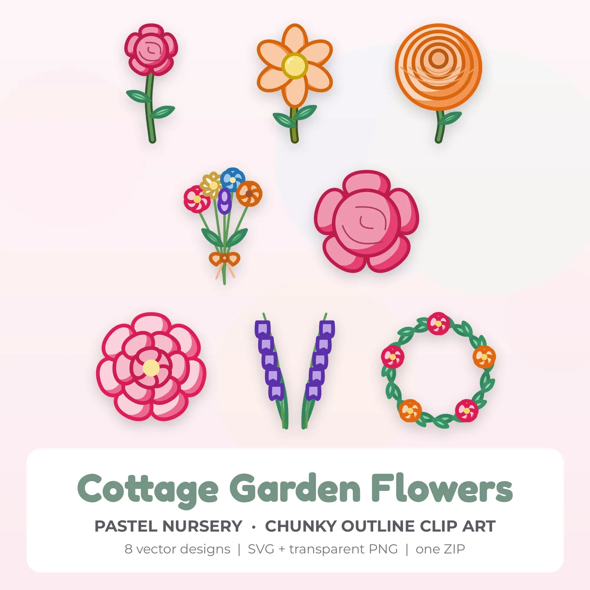 8 Chunky Outline Cottage Garden Flowers Clipart Illustrations, SVG PNG preview