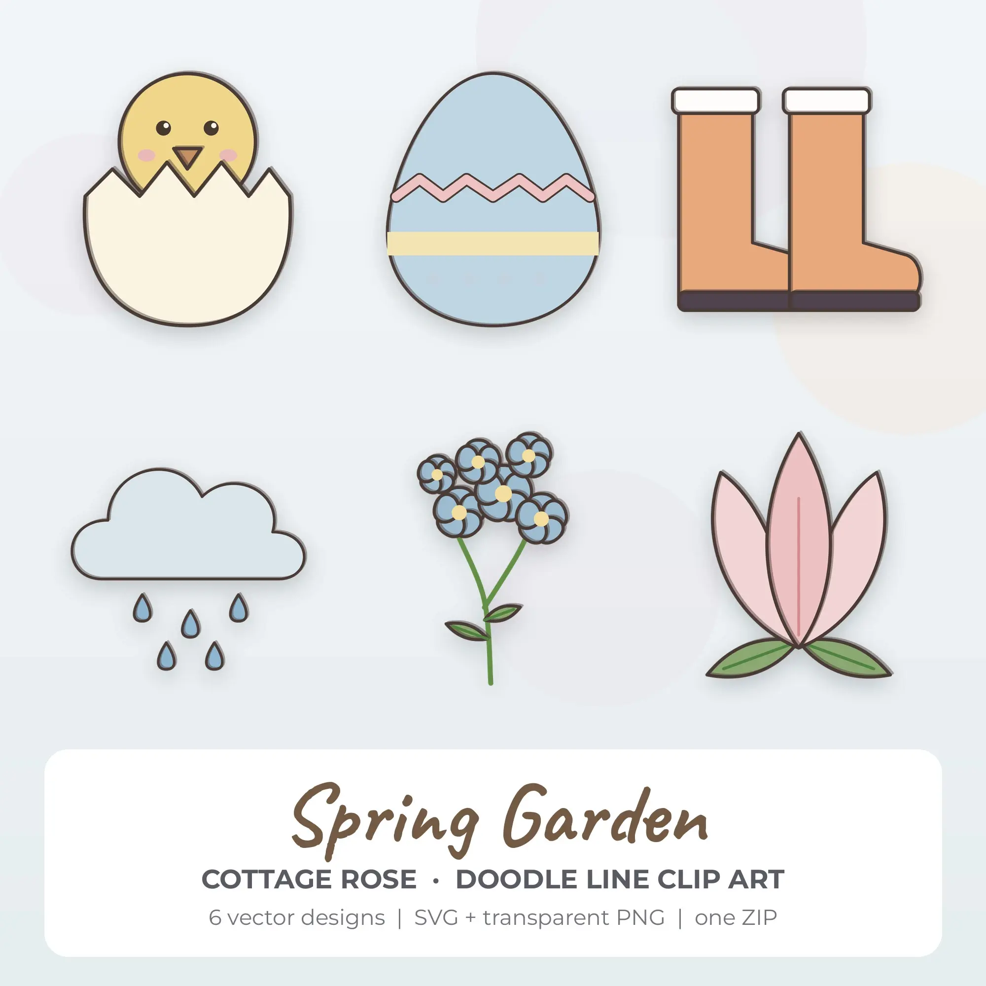 Cottage Rose Doodle Line Spring Garden Clipart - 6 Vector Files preview