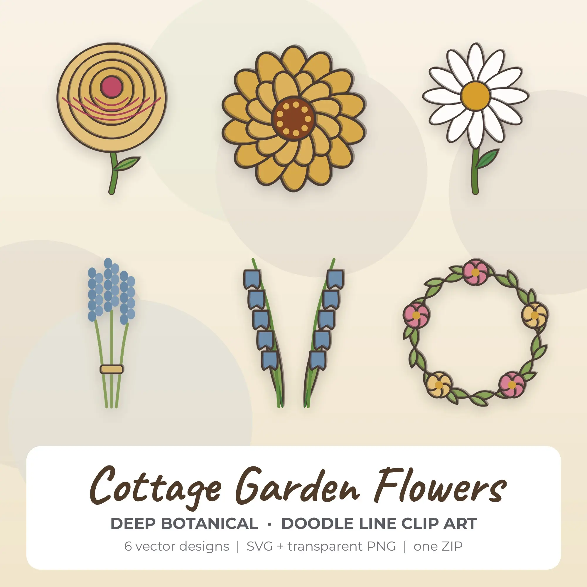 Deep Botanical Cottage Garden Flowers Clip Art Set - 6 Vector SVG PNG preview